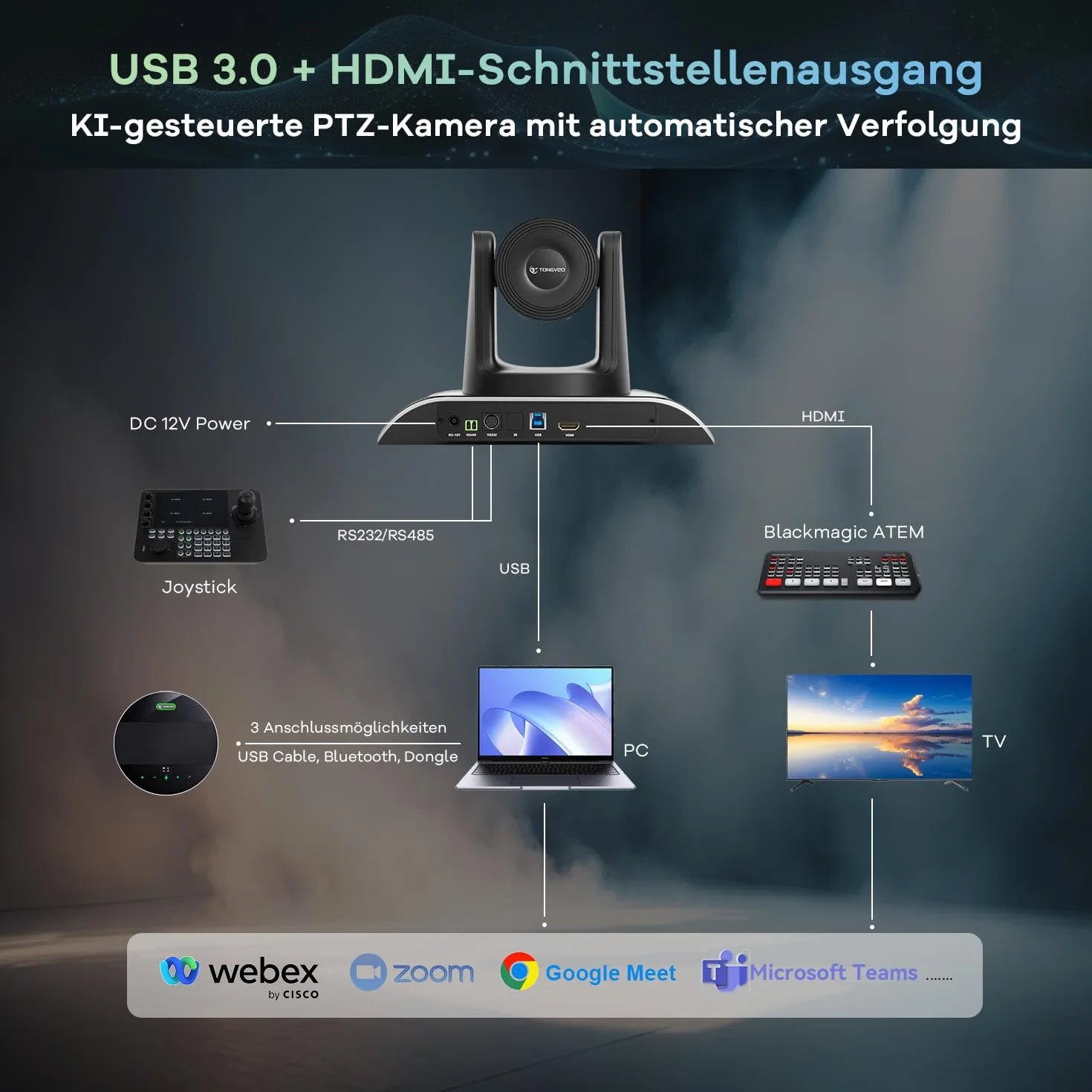 TONGVEO Cámara de conferencias todo en 1, 1080P 60fps, zoom óptico 3x, USB 3.0, PTZ HDMI, micrófono Bluetooth