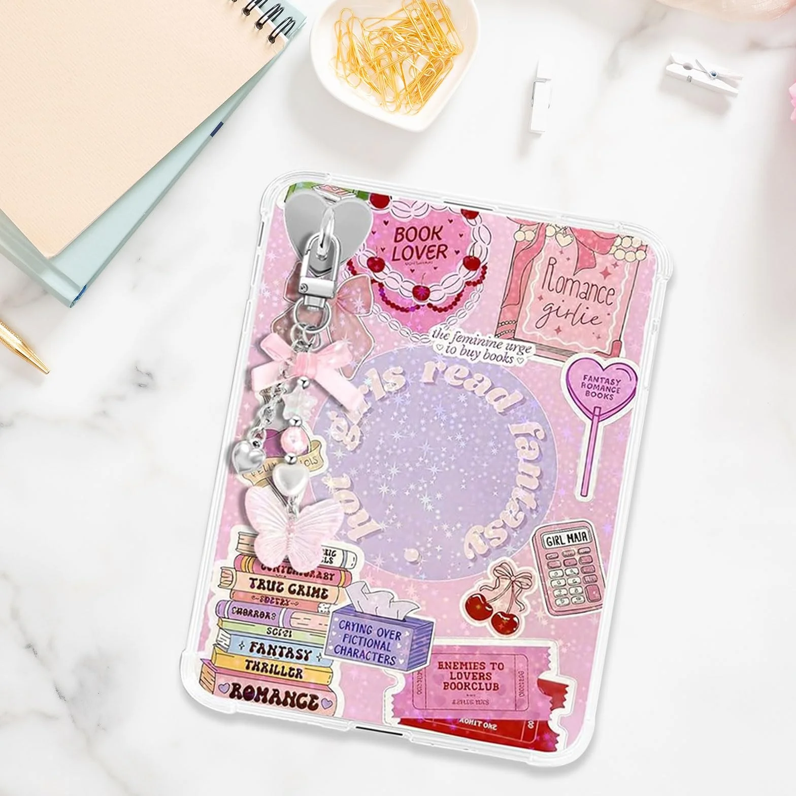 6Pcs Inserciones para Kindle Paperwhite, Set Accesorios E-Reader con 2 Pulseras, Funda Transparente Decoración DIY, Rosa