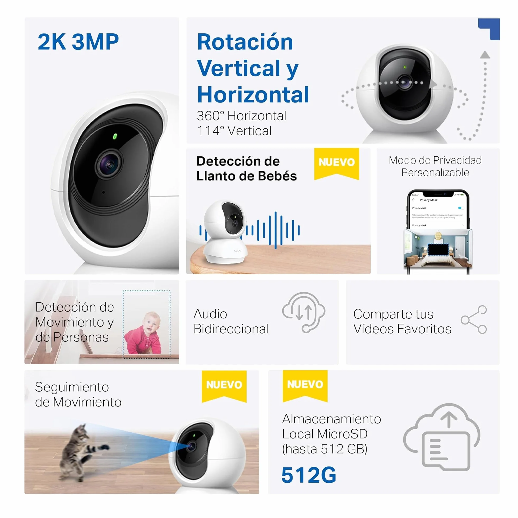 Tapo C21A 2K 3MP Cámara vigilancia WiFi Interior 360° visión Nocturna detección Persona Compatible Alexa