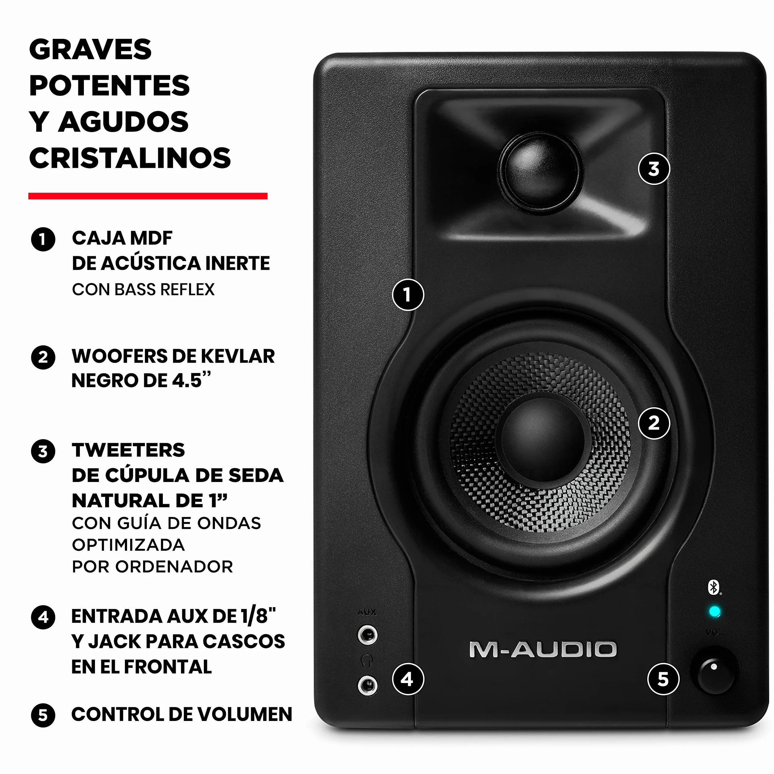 M-AUDIO BX4 BT 4.5 Pulgadas Monitores de Estudio, Altavoces Autoamplificados Bluetooth para PC para producción Musical, Juegos, Streaming, Podcast, DJ