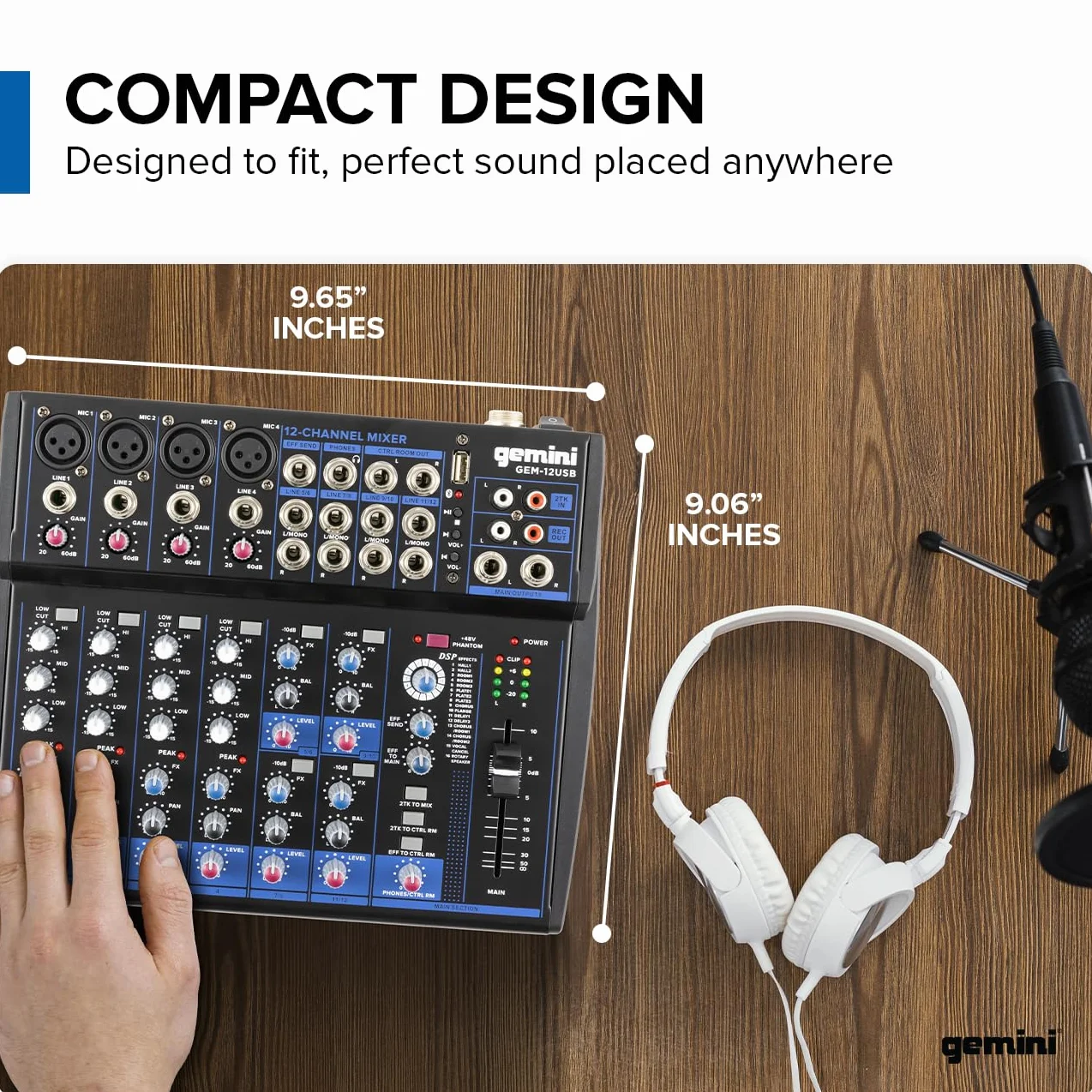 Gemini Sound GEM-12USB Mezclador analógico de 12 canales compactos que incluye 4 canales de micrófono, EQ de 3 bandas, reproducción USB de la memoria USB y Streaming Bluetooth