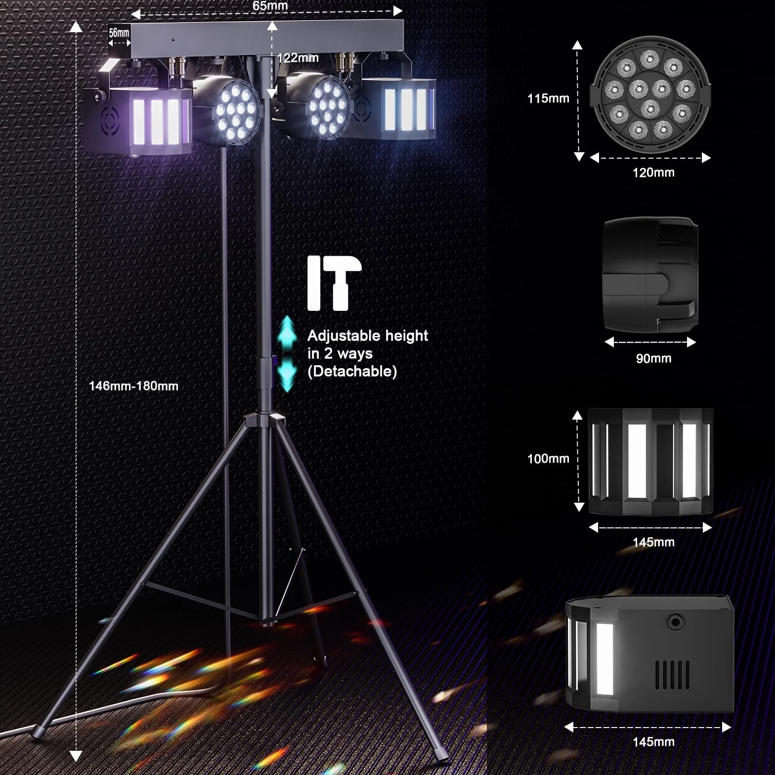 60W RGBW+Derby DMX Par LED dj luz discoteca con y soporte con control remoto, Iluminación de escenario con trípode ajustable para conciertos, bodas, cumpleaños, Halloween- con bolsa
