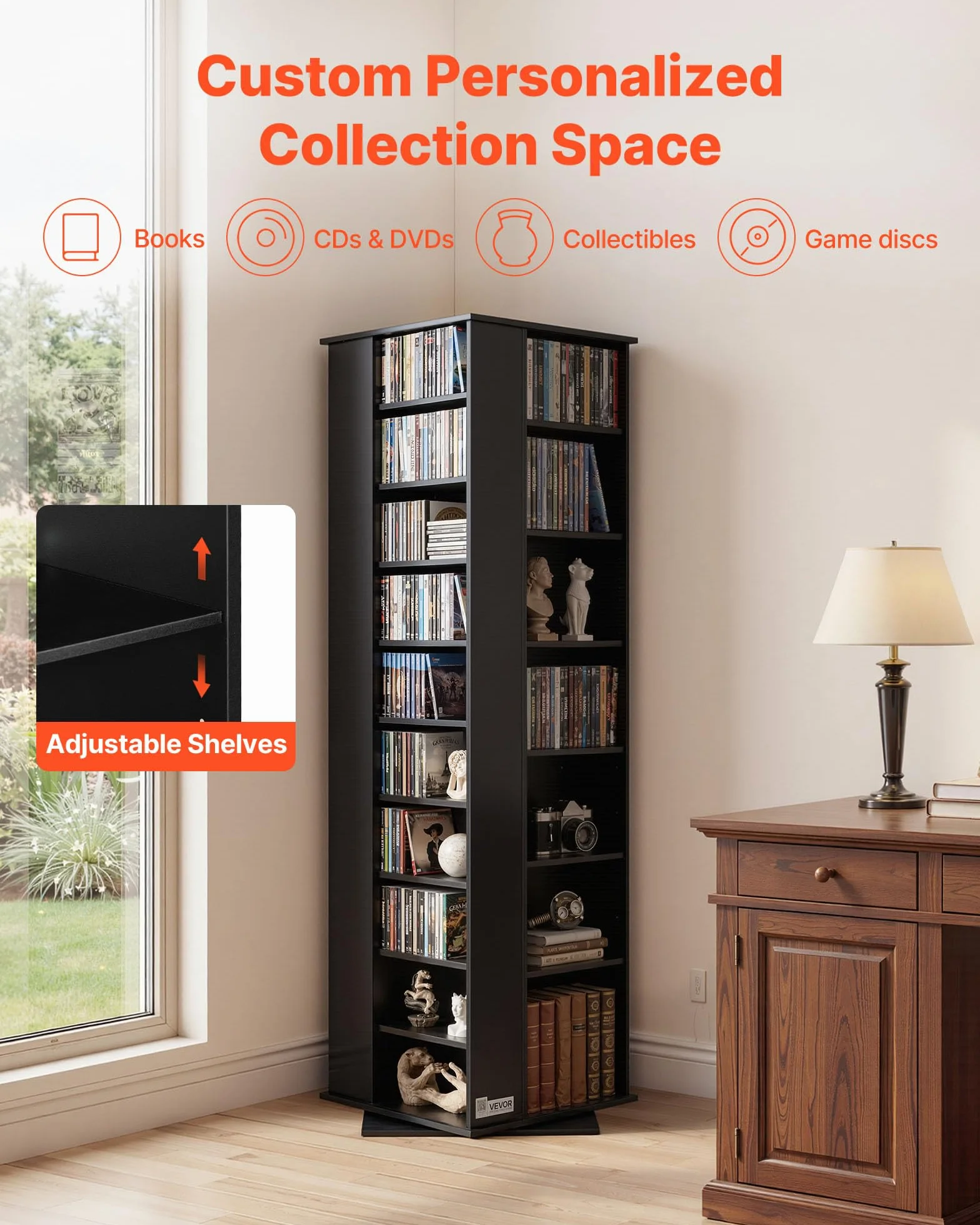 VEVOR Mueble de Almacenamiento Multimedia, Torre para CD, 34 Compartimentos, Giratorio, para CD, DVD, Libros y Discos de Juegos, Ideal para Sala de Estar, Oficina en Casa, Sala de Grabación, Negro