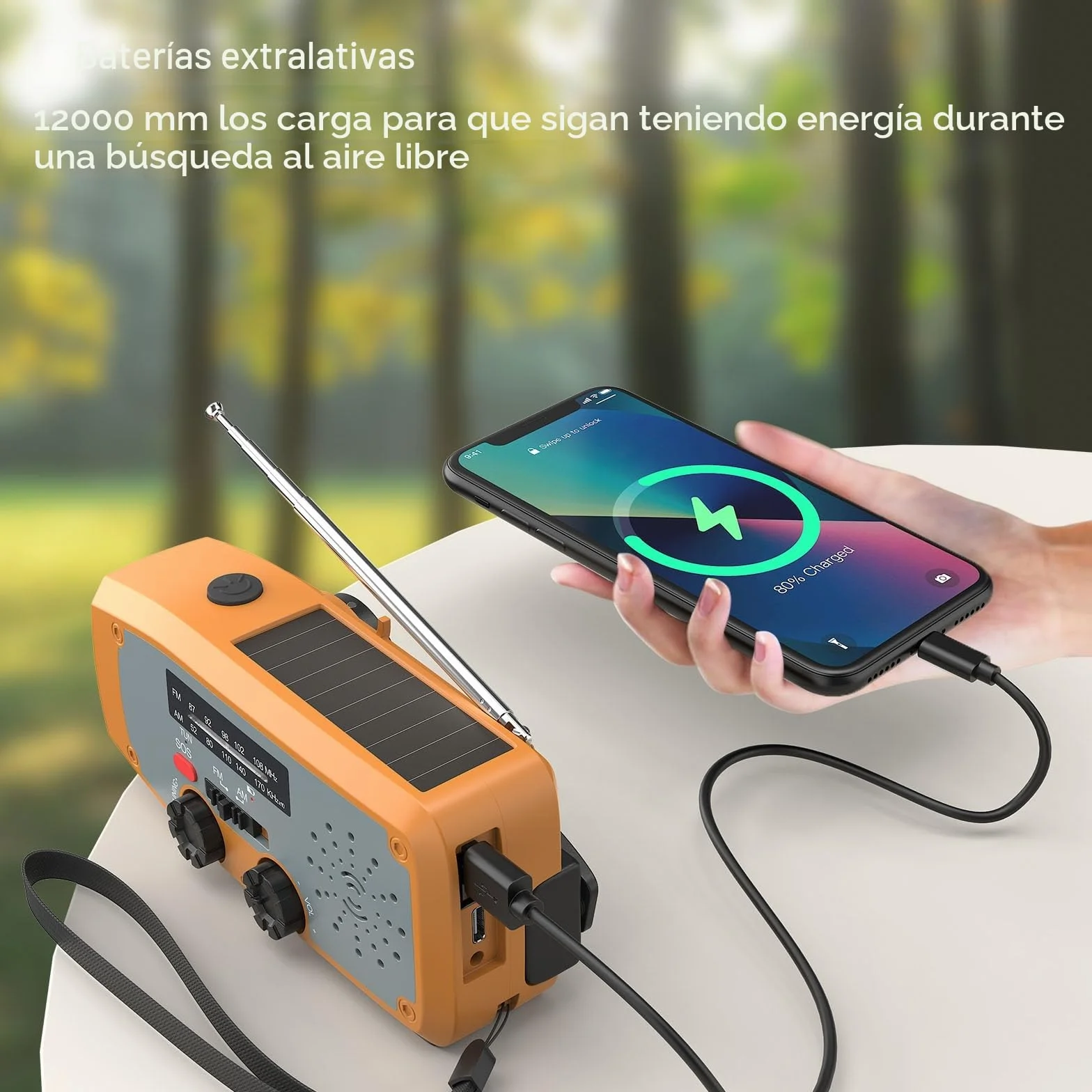 Radio Solar de Emergencia, Radio de Manivela con Linterna LED, Alarma SOS, Am/FM Emergency Radio con Batería de 2000 mAh para Camping y Supervivencia, Naranja