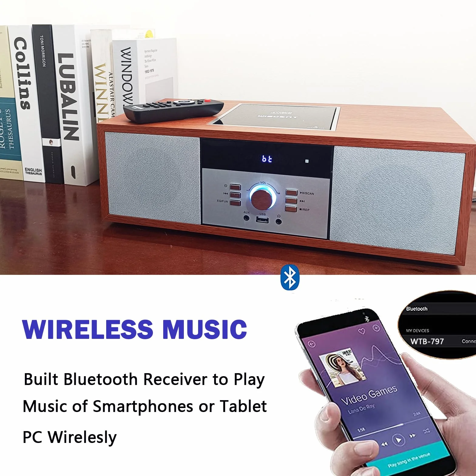 WISCENT Reproductor de CD 30 W RMS con Bluetooth Radio FM USB AUX