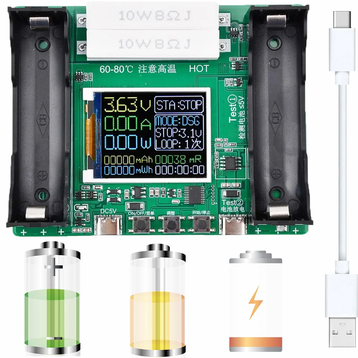 Probador de capacidad de batería 18650 Pantalla LCD Probador de resistencia interna digital MAh MWh Probador de puerto tipo C de batería de litio con cable tipo c a USB