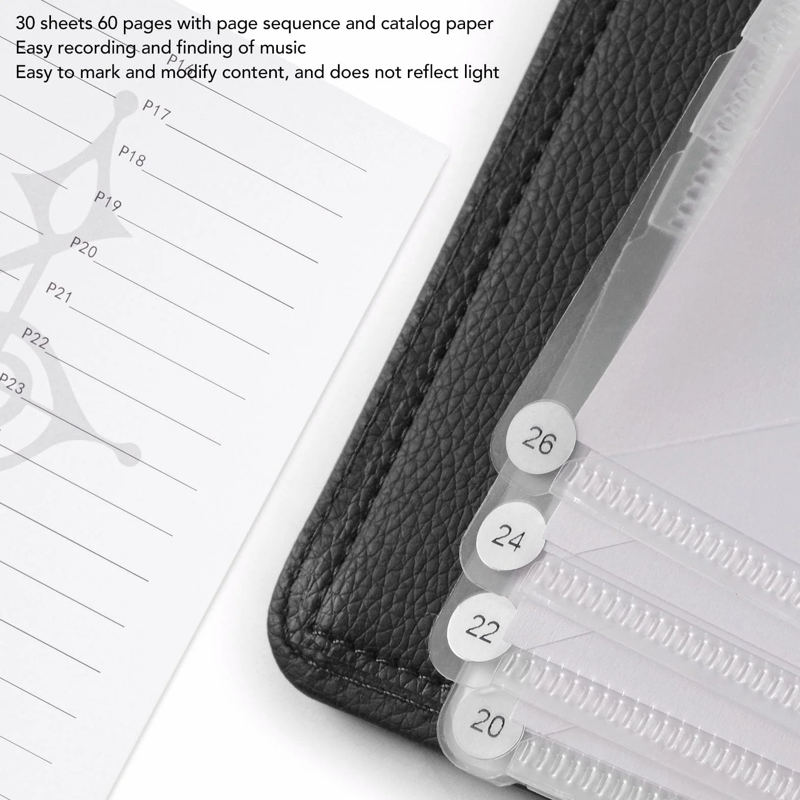 Carpeta de Partituras Portátil Durable, A4, Con Números de Página, PVC de Cuero PU, Negro, para Banda, Orquesta y Coro, Profesionales Musicales y Estudiantes.