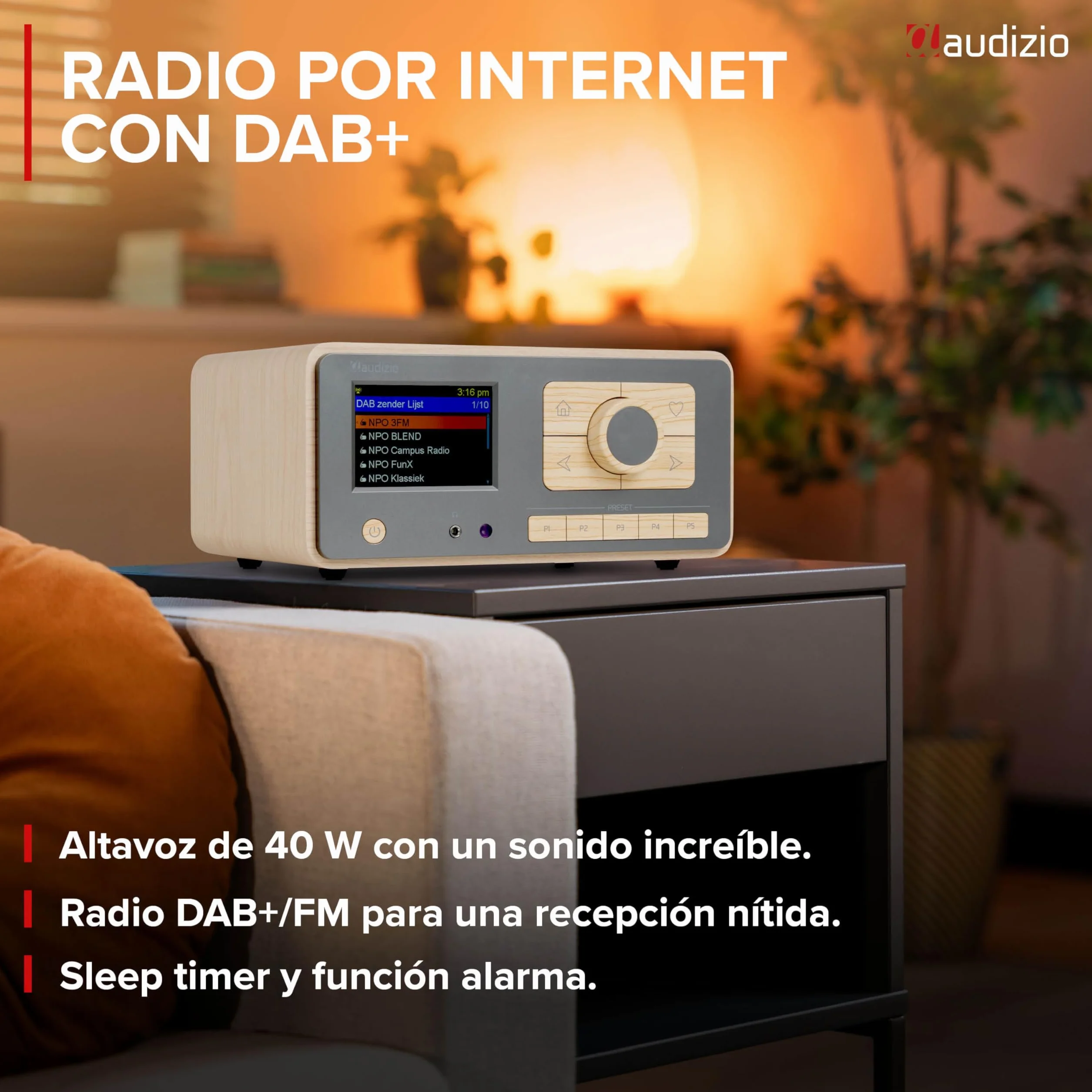 Audizio Dozza – Radio Dab+ FM Internet con Bluetooth 5.3, WiFi, 40W, Pantalla 3.5", Despertador, Mando a Distancia, Altavoz Radio Bluetooth con Gran Sonido para casa y Oficina, Color Bambu y Gris