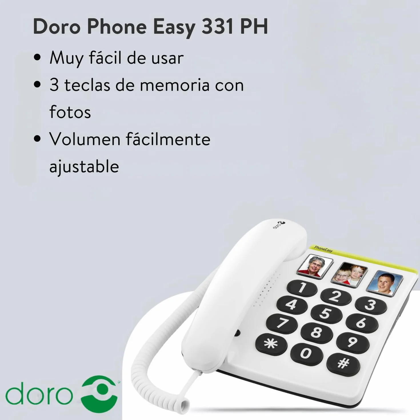 Doro PhoneEasy 331ph Teléfono Fijo con Cable para Personas Mayores Teclas Grandes Marcación Rápida Compatible Audífonos Blanco