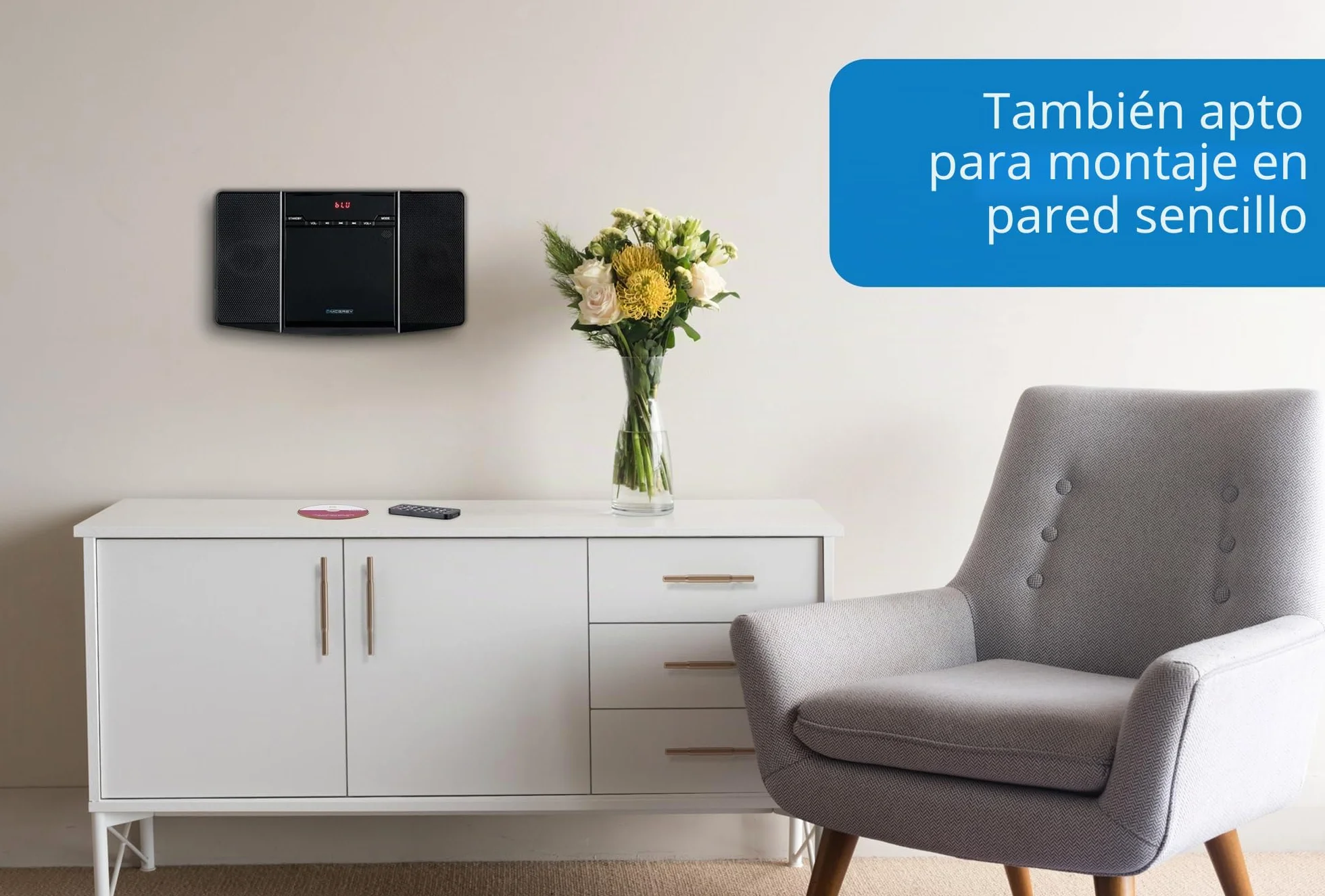 Equipo de Música Vertical MCD-60 (Reproductor CD/MP3, USB, Bluetooth, Entrada Aux, Montaje de Pie o Pared, Incluye Mando a Distancia) Negro