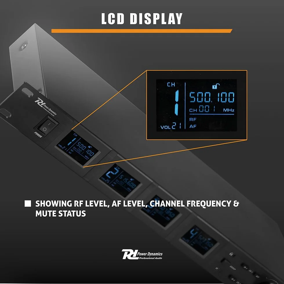Power Dynamics PD524B Sistema de micrófono inalámbrico UHF con 4X Bodypacks, Micro de Solapa inalámbrico, Micro de Diadema inalámbrico, Recargable por USB, transmisión Infrarrojos, Ideal para Eventos