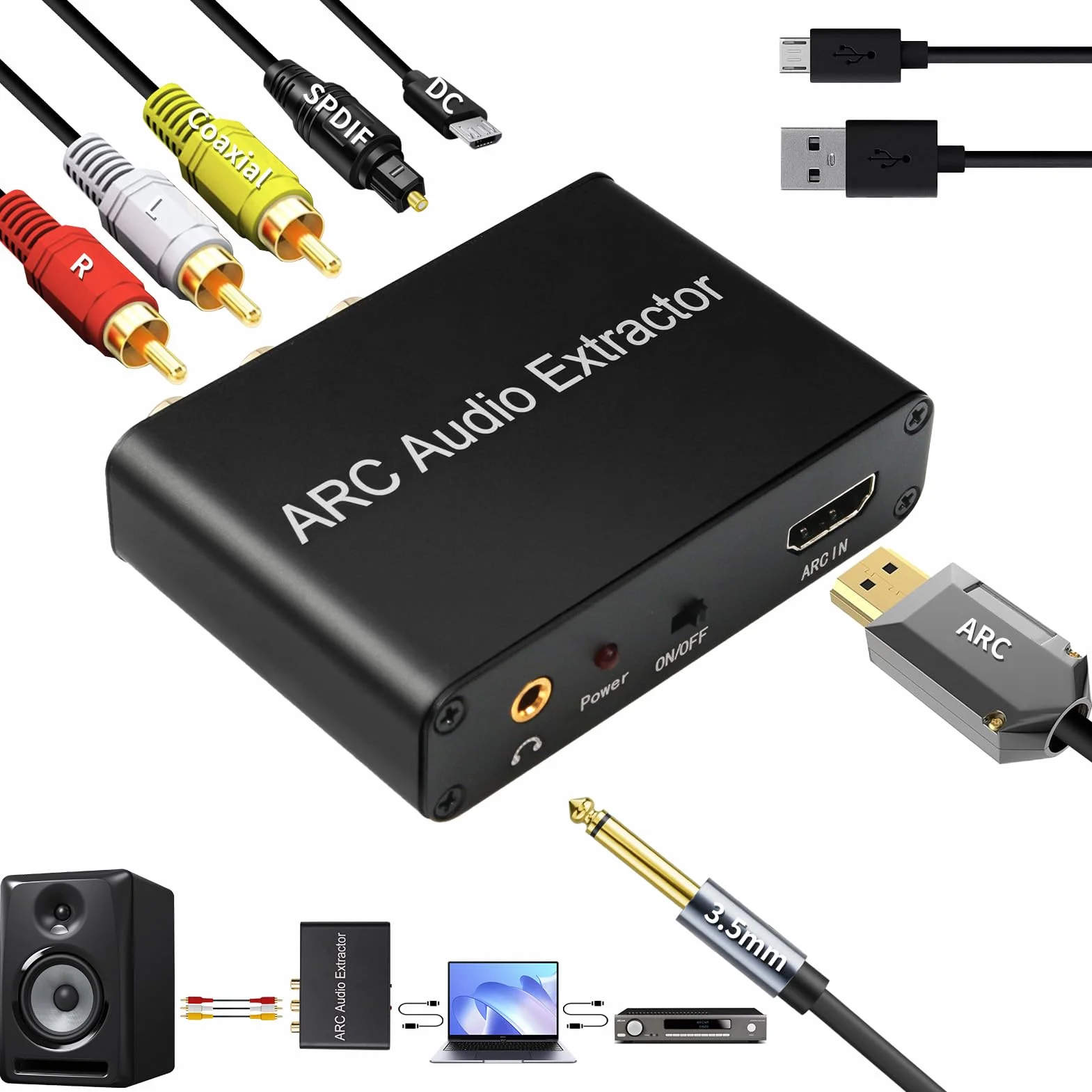 Extractor Audio HDMI ARC DAC 192kHz Óptico Toslink Coaxial a RCA L/R 3.5mm Jack