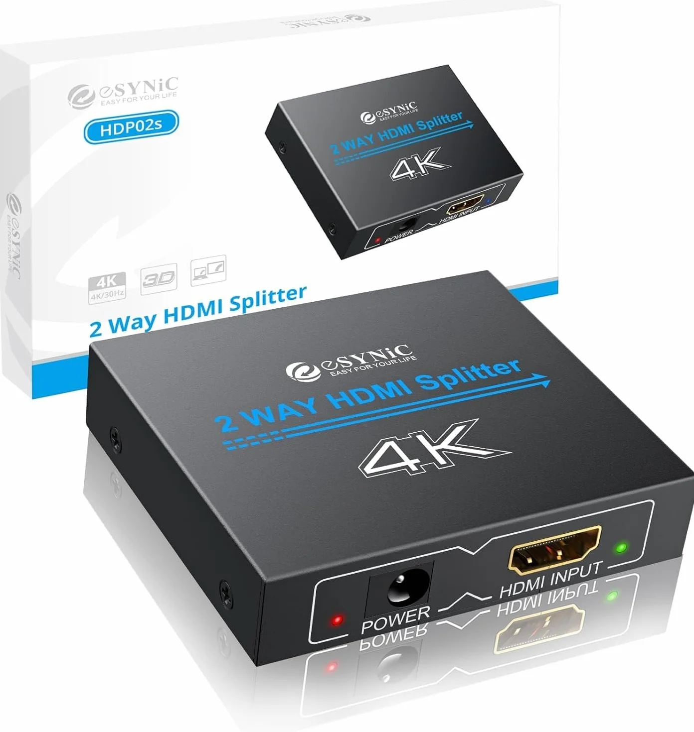 eSynic HDMI Splitter 1x2 4K Divisor 1 Entrada 2 Salidas 1080P 3D 30Hz para TV Monitor Proyector