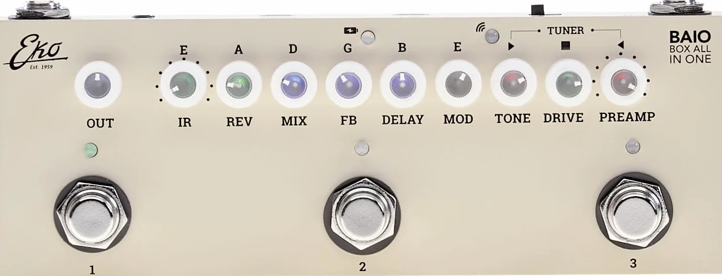 EKO GUITARS - BAIO Pedal Multiefecto con IR Integrados | 9 Preamplificadores, 8 IR, Efectos, Bluetooth, USB, Afinador, Batería Recargable
