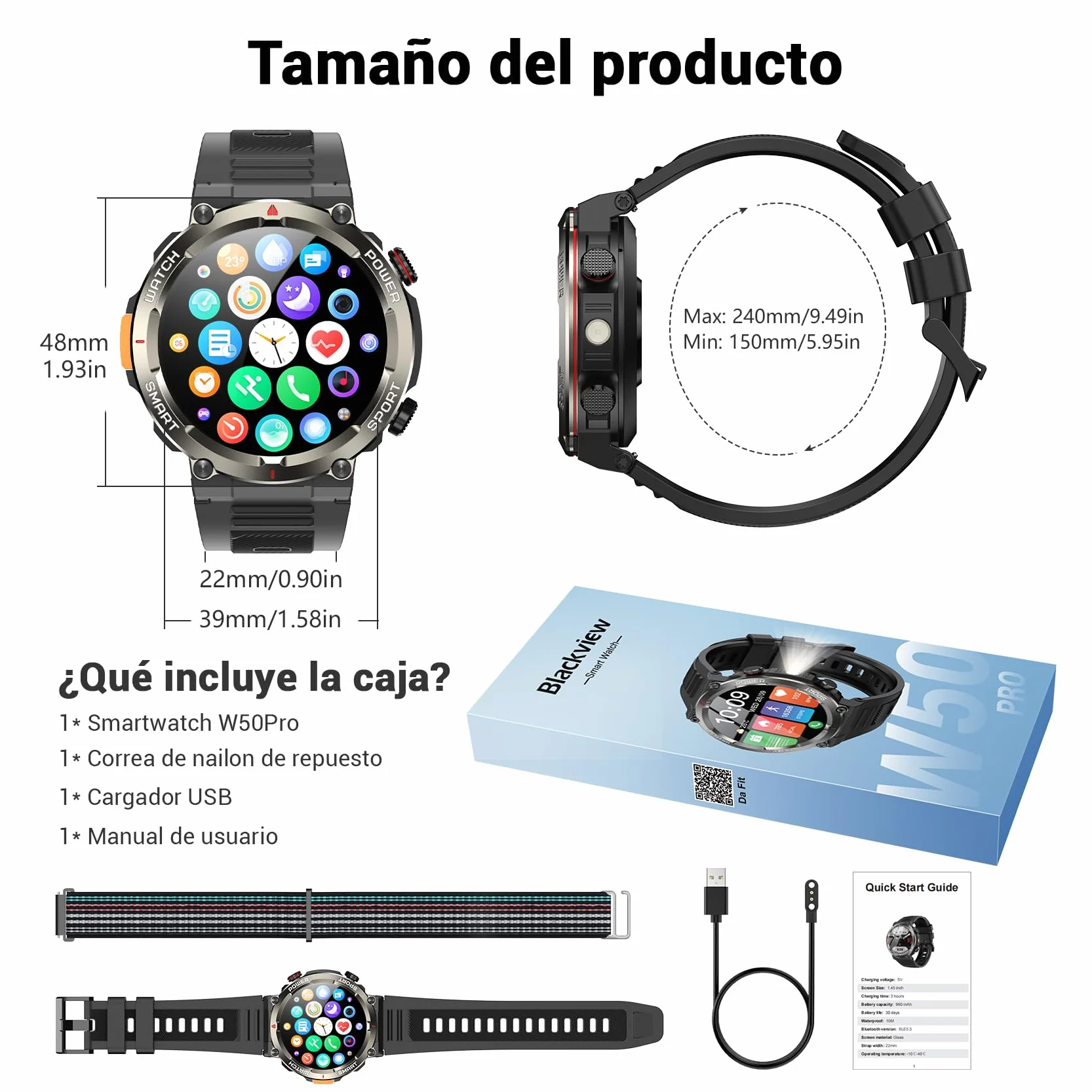 Blackview Reloj Inteligente Hombre - Linterna y Brújula, 1,45" Militar Smartwatch Hombre- Llamadas Bluetooth, Pulsómetro, Oxímetro, Monitor de Sueño, Pulsera Actividad 100+ Modos Deportivos, Podómetro