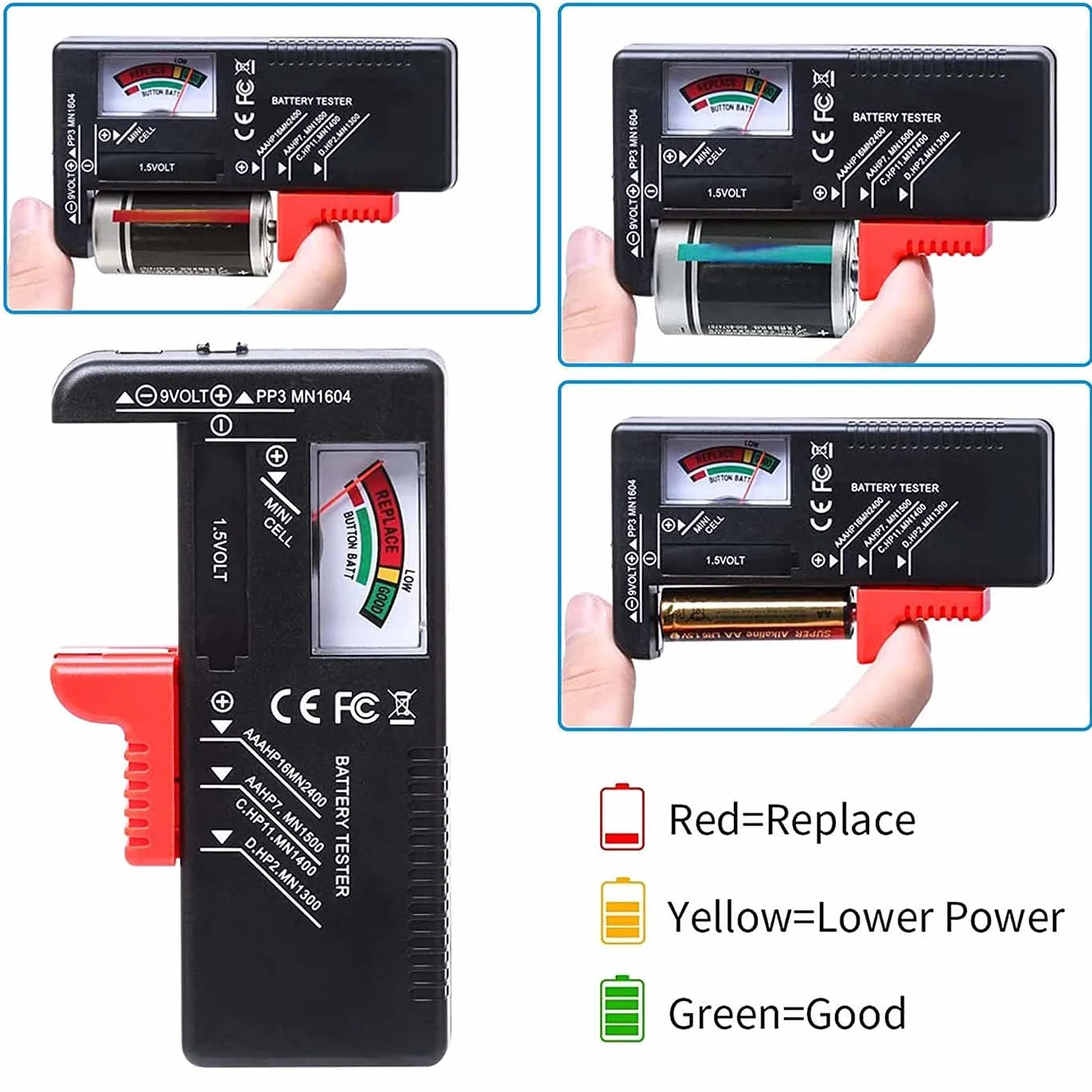 Comprobador de Pilas,Comprobador de batería doméstica,probador de batería universal,para las baterías de la célula del botón de AA AA C D 9V 1.5V