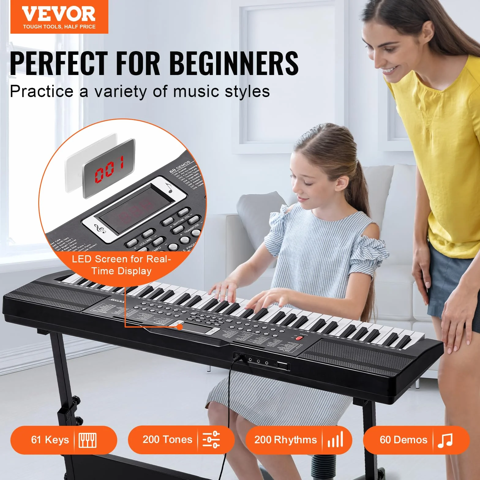 VEVOR 61 Teclas Piano de Teclado Digital Portátil 200 Tonos, 200 Ritmos con 60 Canciones de Demostración, Altavoces Duales Integrados, Auriculares, Micrófono y Pegatinas de Piano para Principiantes