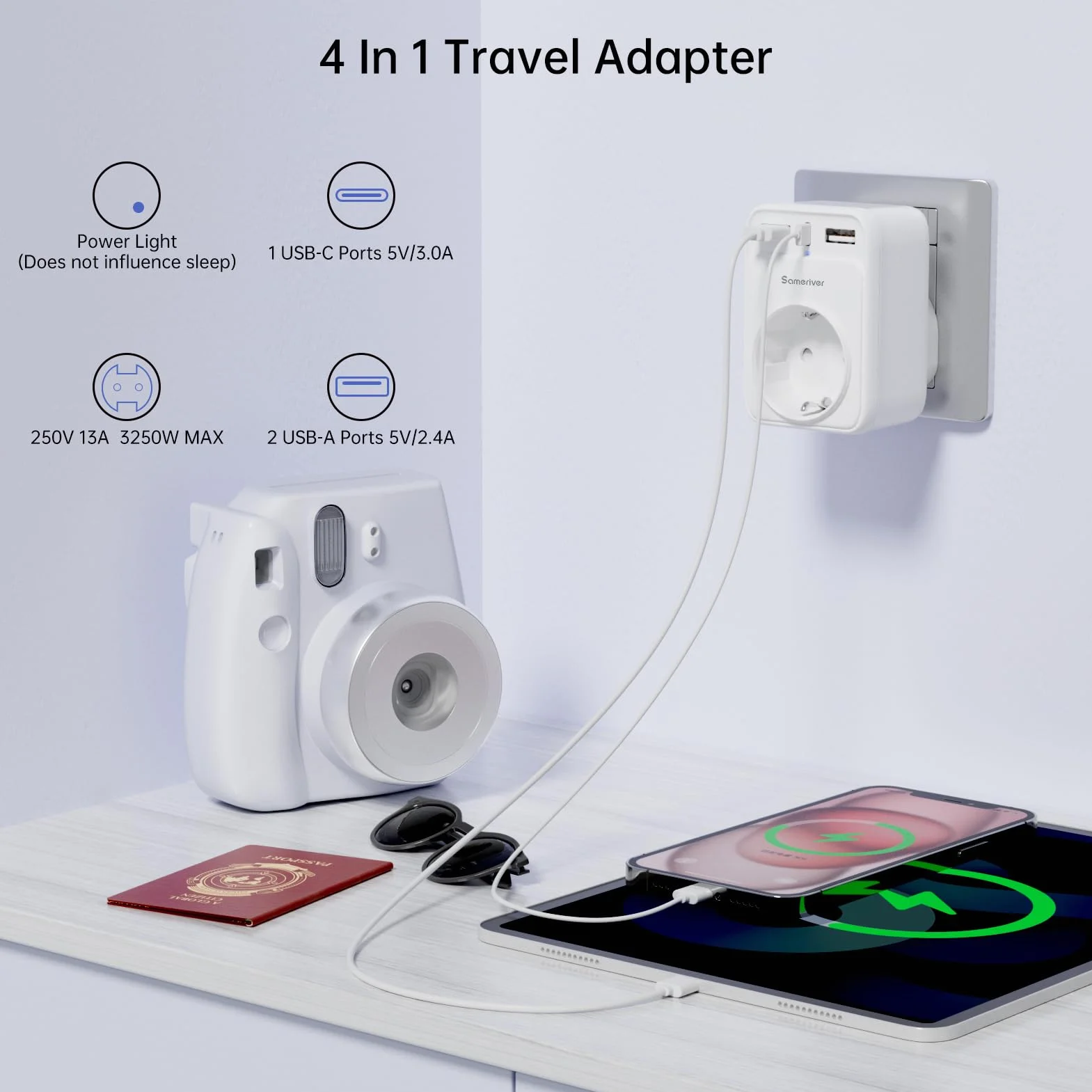 Sameriver Adaptador Enchufe Ingles UK Inglaterra Adaptador de Viaje con 2USB y Tipo C, Español 2 Patas Europa hacia 3 Patas Reino Unido RU para Irlanda Escocia Britanico Maldivas (Tipo G) Blanco