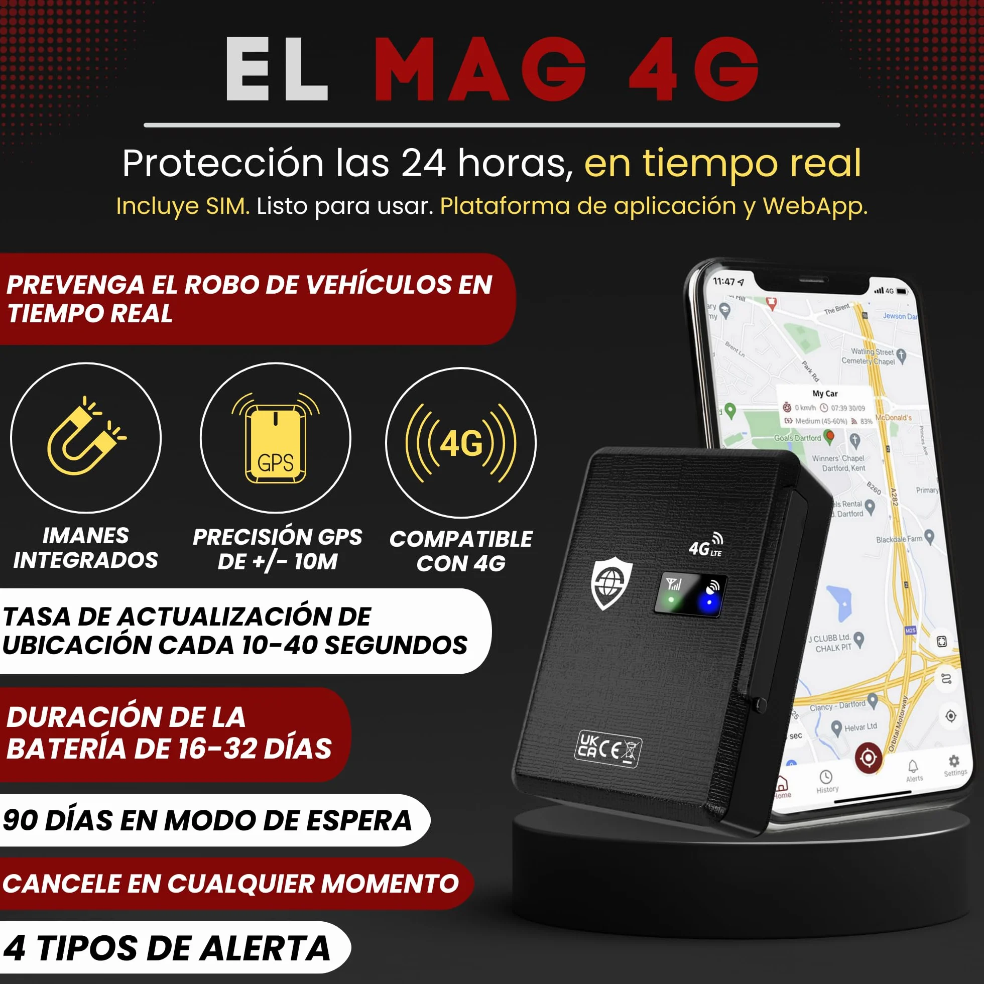 SafeTag mag 4G Rastreador GPS 4G LTE magnético Recargable 90 días en Espera + SIM