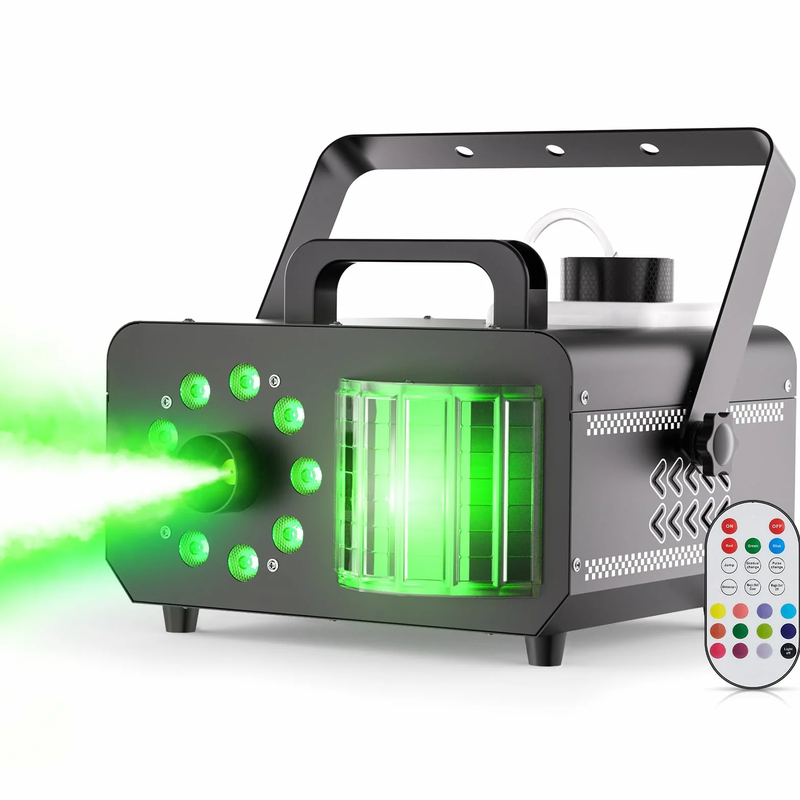 1200W Máquina de Humo con Control Remoto, Haz 9 LED RGB Luces de Fiesta 14 Colores Estáticos Capacidad de 1L Fog Machine Portátil Estroboscópico para Halloween Bodas Navidad Escénicos