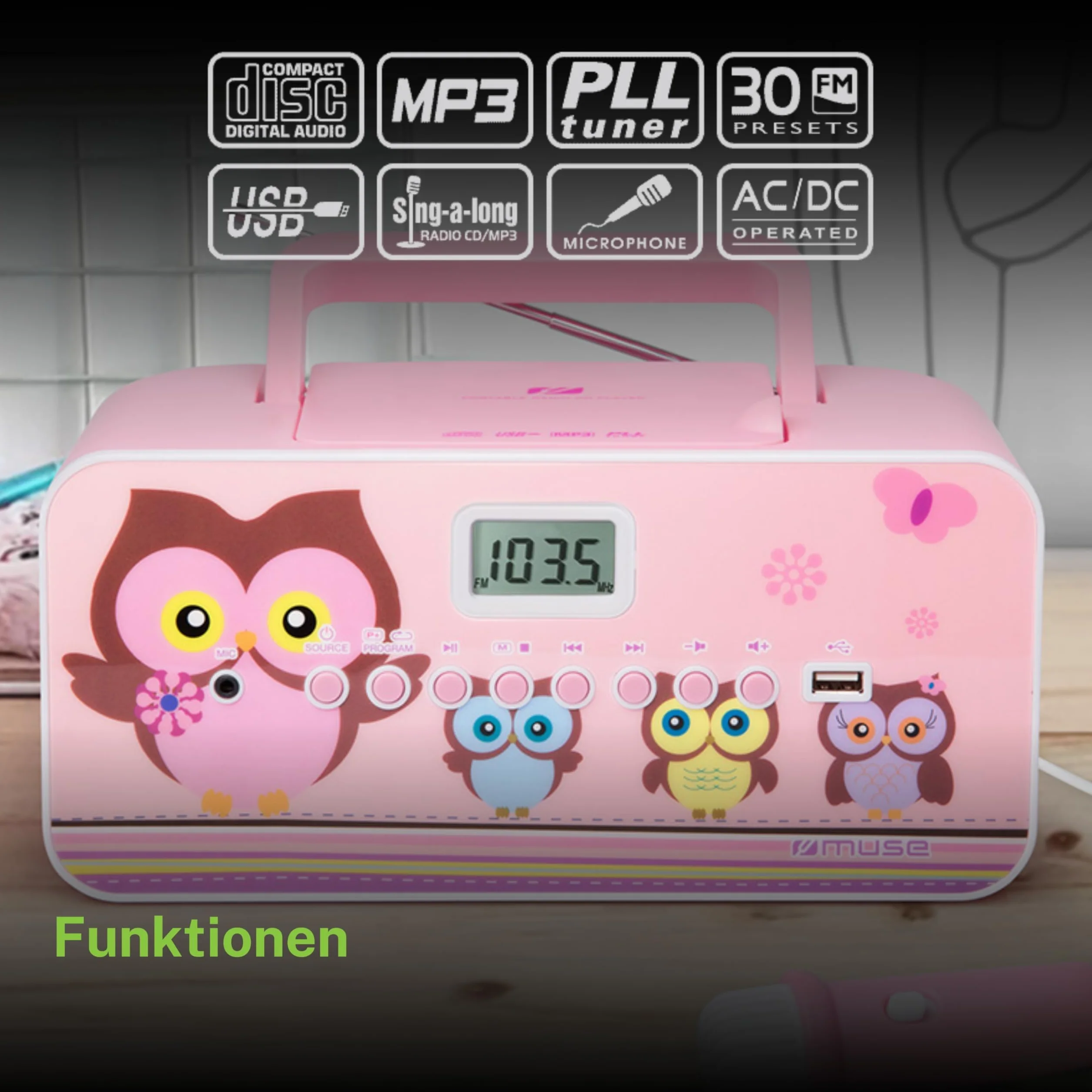 Radio CD Portátil MUSE M-29 KP con Micrófono, Programable, MP3