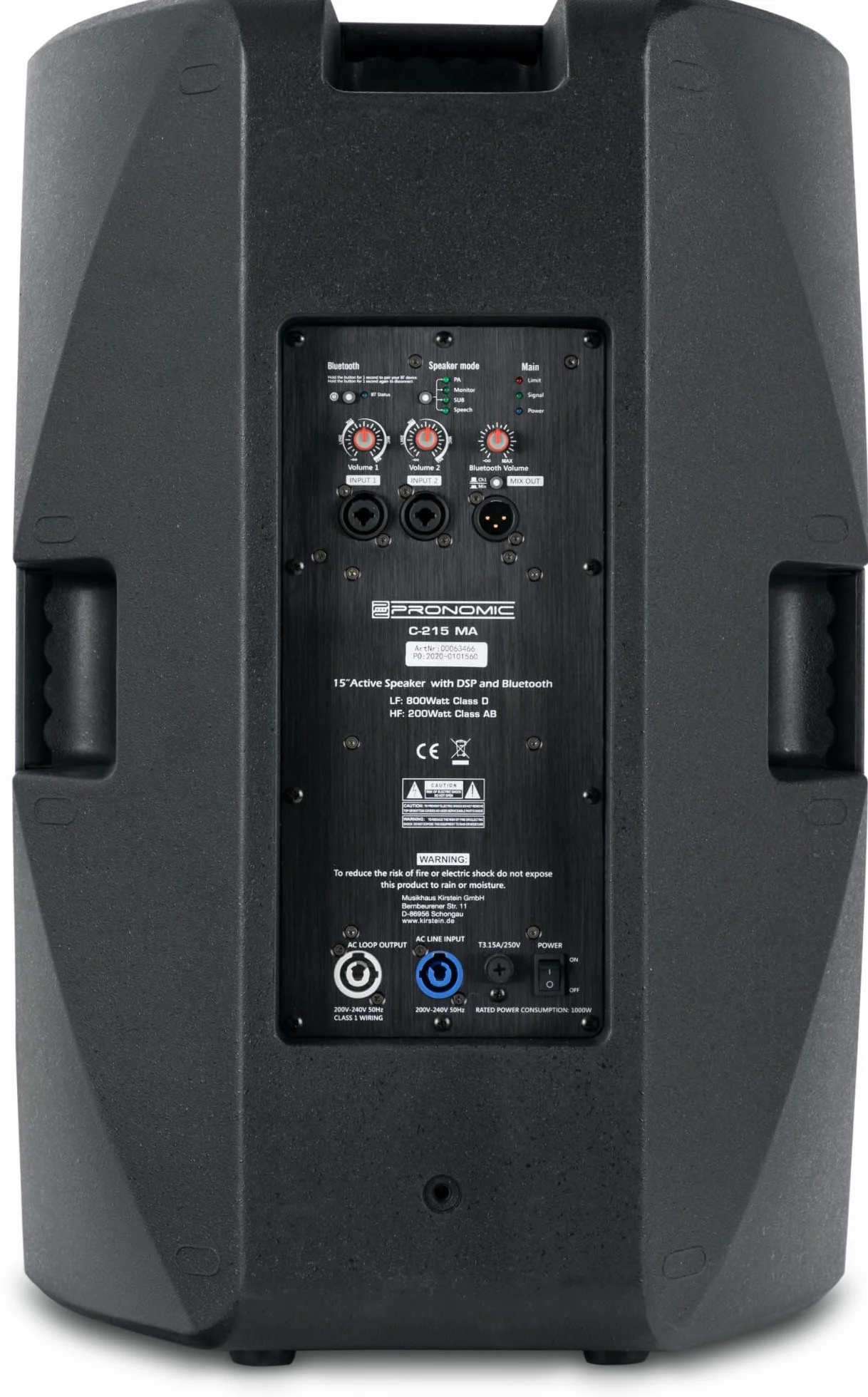 Pronomic C-215 MA - Altavoz Activo de 2 vías con 2 Canales - Potencia: 1000 vatios - Woofer de 15" + Tweeter de Titanio de 1,75" - Receptor Bluetooth - Carcasa con inclinación para el Monitor