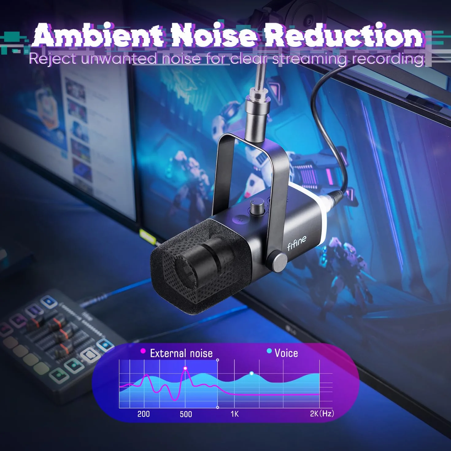 FIFINE XLR Streaming Micrófono Dinámico de Podcast, Mezclador de Audio, RGB Streaming Gaming Audio Mixer PC con Interfaz de XLR (AM8 + SC3)