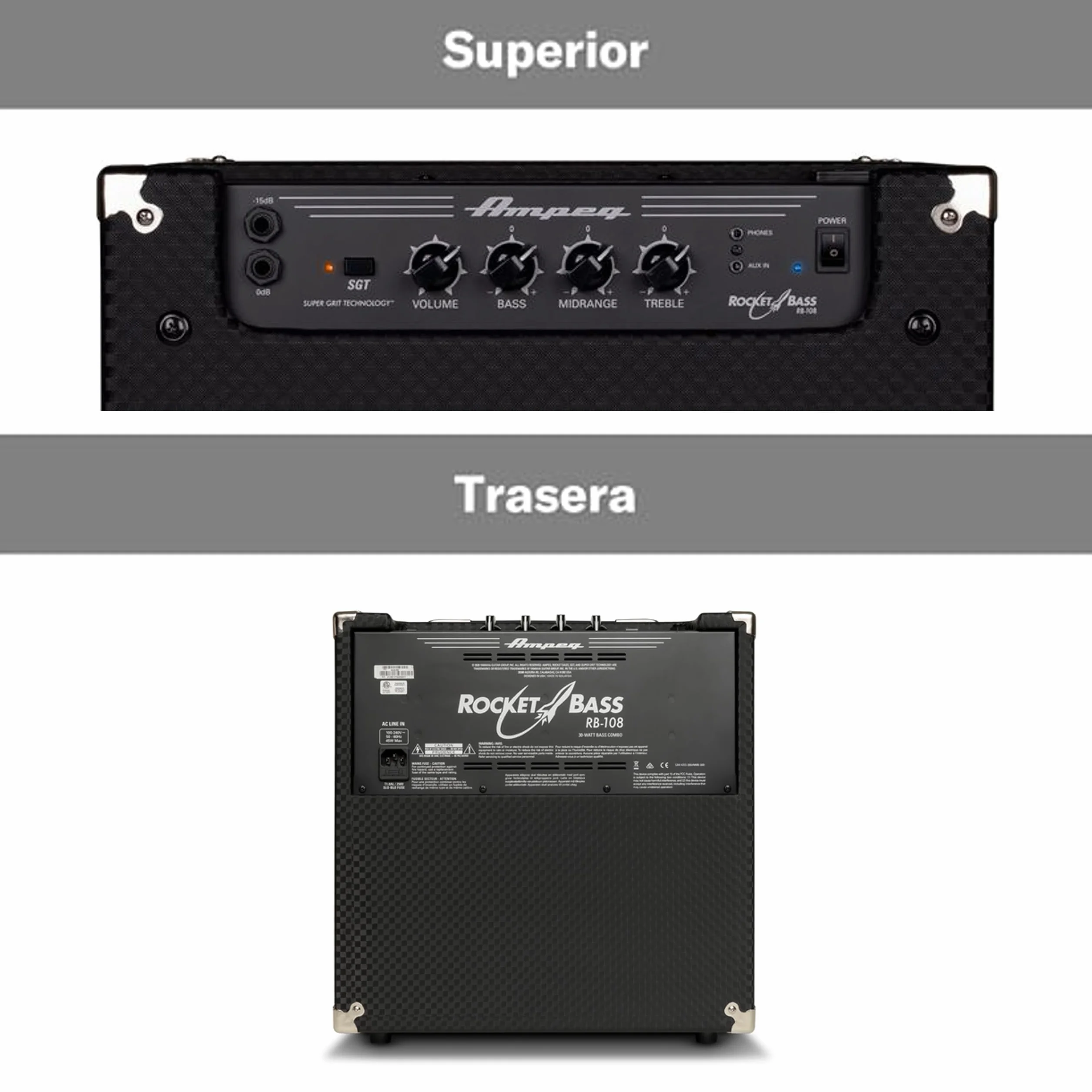 AMPEG RB-108 Amplificador Combo para Bajo – Amplificador de práctica de 30W con Previo AMPEG Legacy, Overdrive SGT, Ecualizador de 3 bandas, Entrada AUX, Salida de auriculares y altavoz 1x8" – Negro