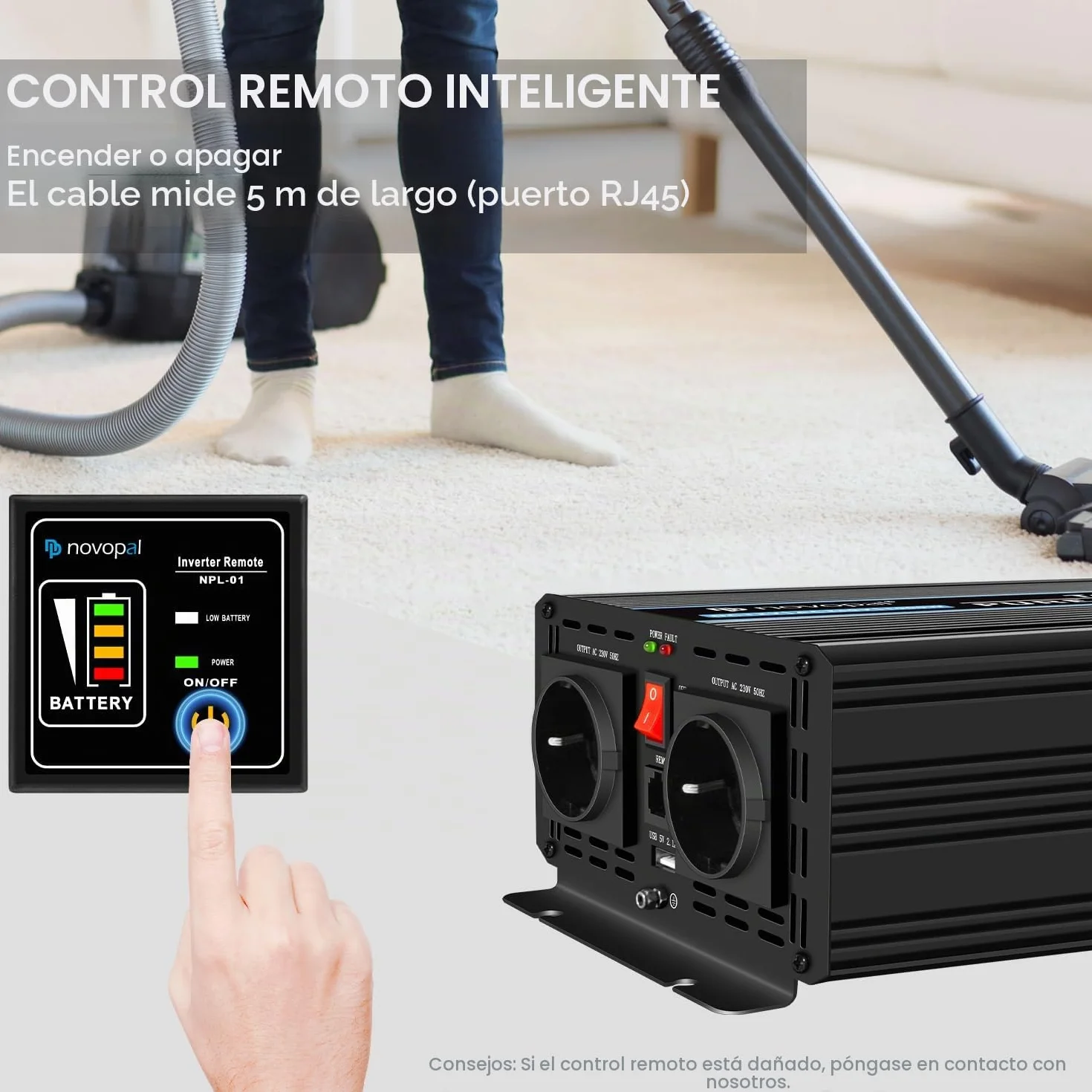 NOVOPAL 1000W Inversor de Corriente Onda Pura DC 12v a 220v 230v 5M Mando a Distancia Convertidor de Coche con 2 USB Puerto,enchufes EU para Coche/Caravana/Camión