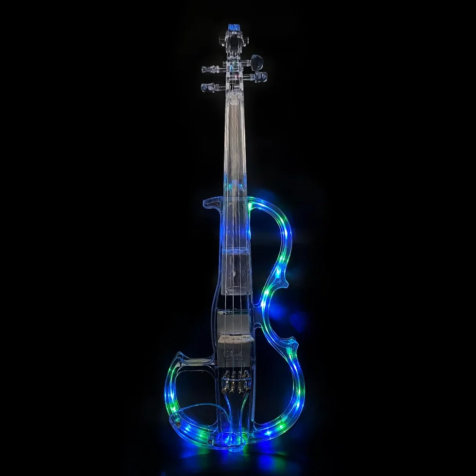 Violín eléctrico de tamaño 4/4, cuerpo de vidrio acrílico transparente, 3 colores, luz LED, bonito tono con funda, lazo, elv-led
