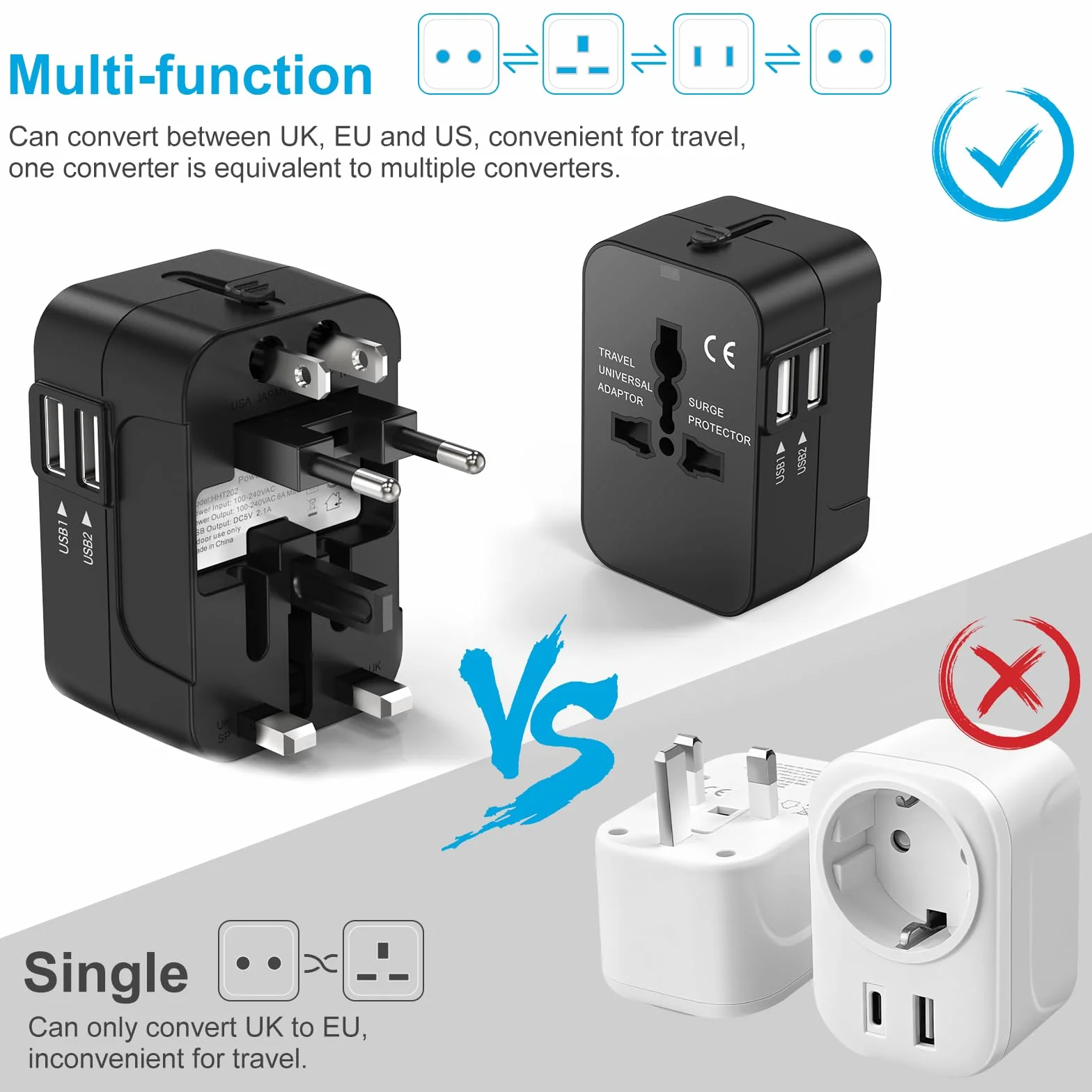 Amoner Adaptador Enchufe De Viaje Universal Enchufe Adaptador Internacional con Dos Puertos USB para USA Europa UK Irlanda Tailandia AU Japón China Canadá