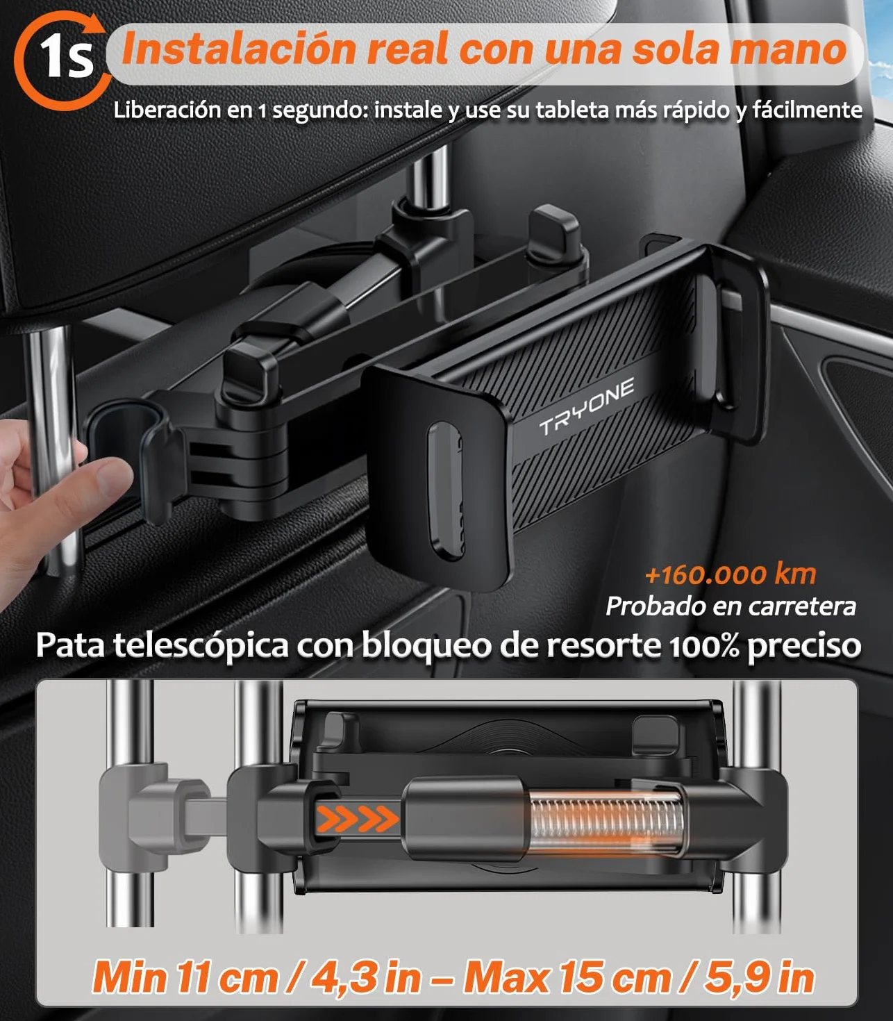 TRYONE Soporte Tablet Coche Reposacabezas Extensible 4.4-11 Pulgada iPad Samsung Galaxy Tabs Kindle Fire