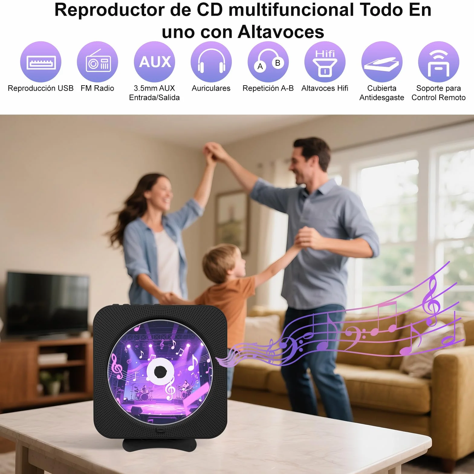 Reproductor de CD Portátil Bluetooth con Pantalla LCD, Radio FM, USB/AUX, Negro