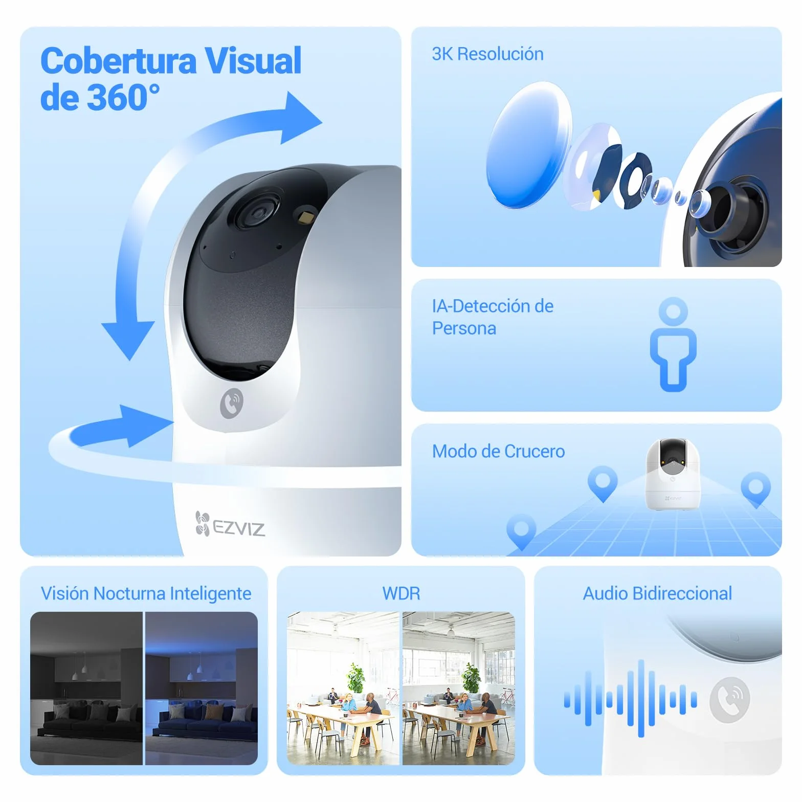 EZVIZ C6N G1 3K Cámara Vigilancia WiFi Interior 360°, Cámara IP Detección de Personas, Visión Nocturna en Color, Audio Bidireccional, Seguimiento con Zoom, Control Remoto, para bebé/Anciano/Negocio
