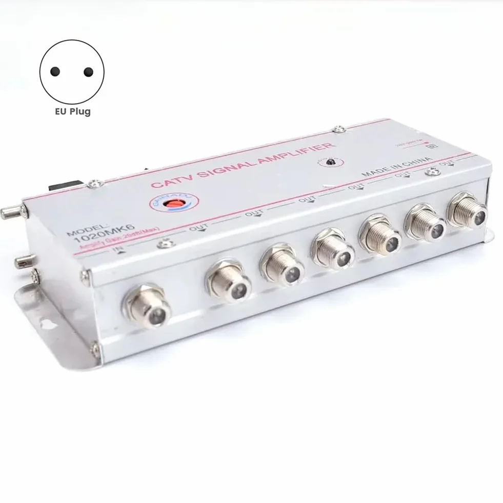 Amplificador Divisor de TV por Cable de 20 DB, Amplificador de Señal de Antena de TV Digital para Equipos de TV Domésticos de 45 MHz A 860 MHz, 1 Entrada y 6 Salidas, Enchufe UE.