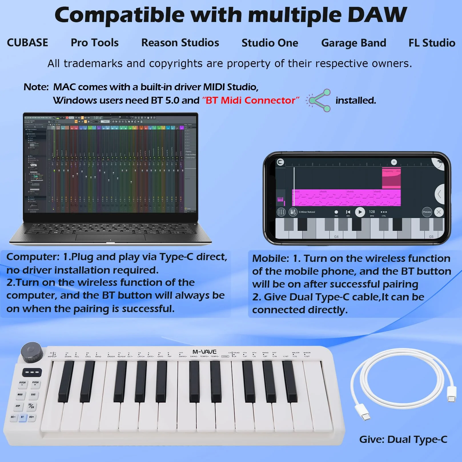 M-VAVE Teclado MIDI de 25 teclas, Mini teclado, creador de ritmos profesional y teclado para producción de música, batería integrada, conexión inalámbrica, color blanco, mini sin