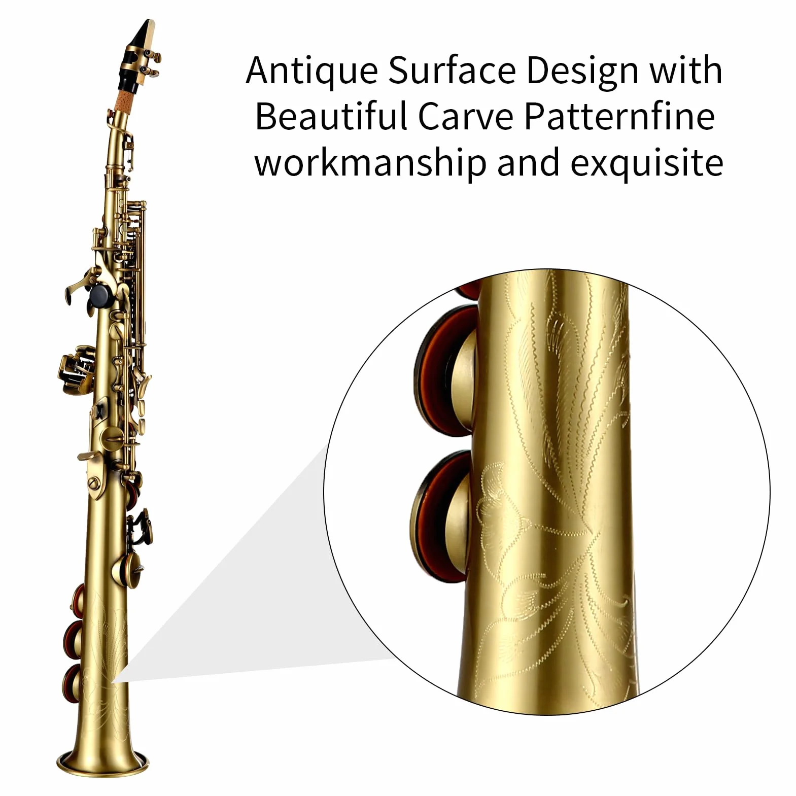 HUIOP Saxofón,Saxofón soprano Bb recto de latón profesional,saxofón niquelado,instrumento de viento de madera,patrón tallado con estuche de transporte,boquilla,kit de limpieza de caña,guantes,correas,