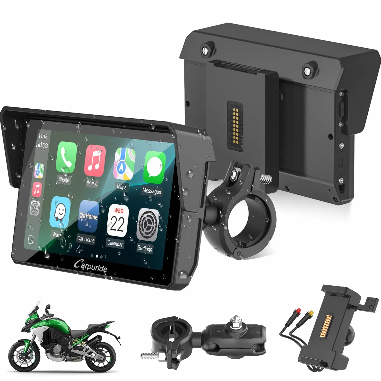 Carpuride W502S Pro GPS Inalámbrico para Motocicleta con Carplay Android Auto Pantalla Táctil Impermeable 5" Soporte BM05 Bluetooth