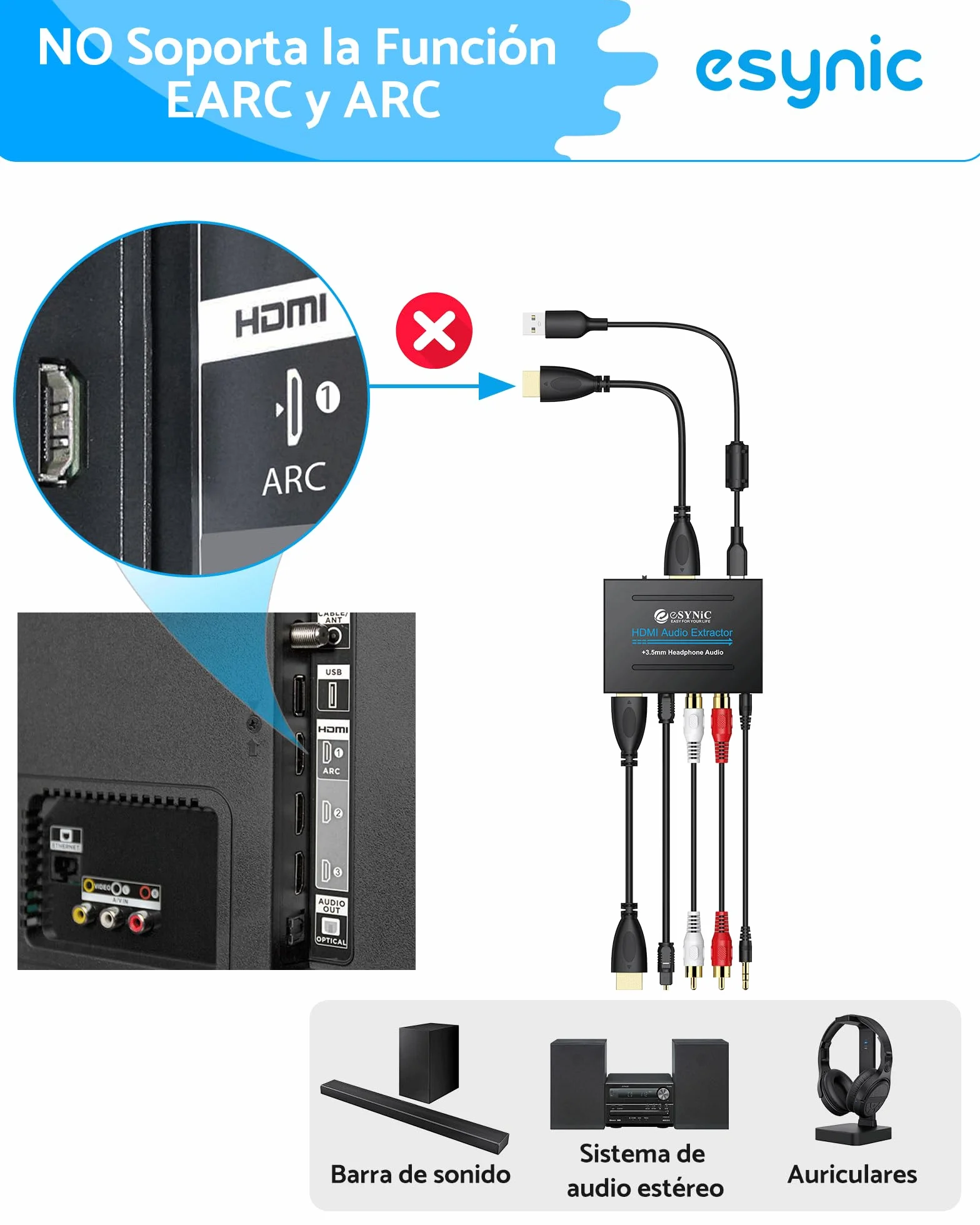 ESYNiC Convertidor HDMI a HDMI Audio SPDIF Óptico RCA Toslink Adaptador Splitter de Video HDMI - DAC HD Digital a Audio Estéreo Estractor para Apple TV Blu-Ray DVD Player Xbox One SKY HD box PS3 PS4