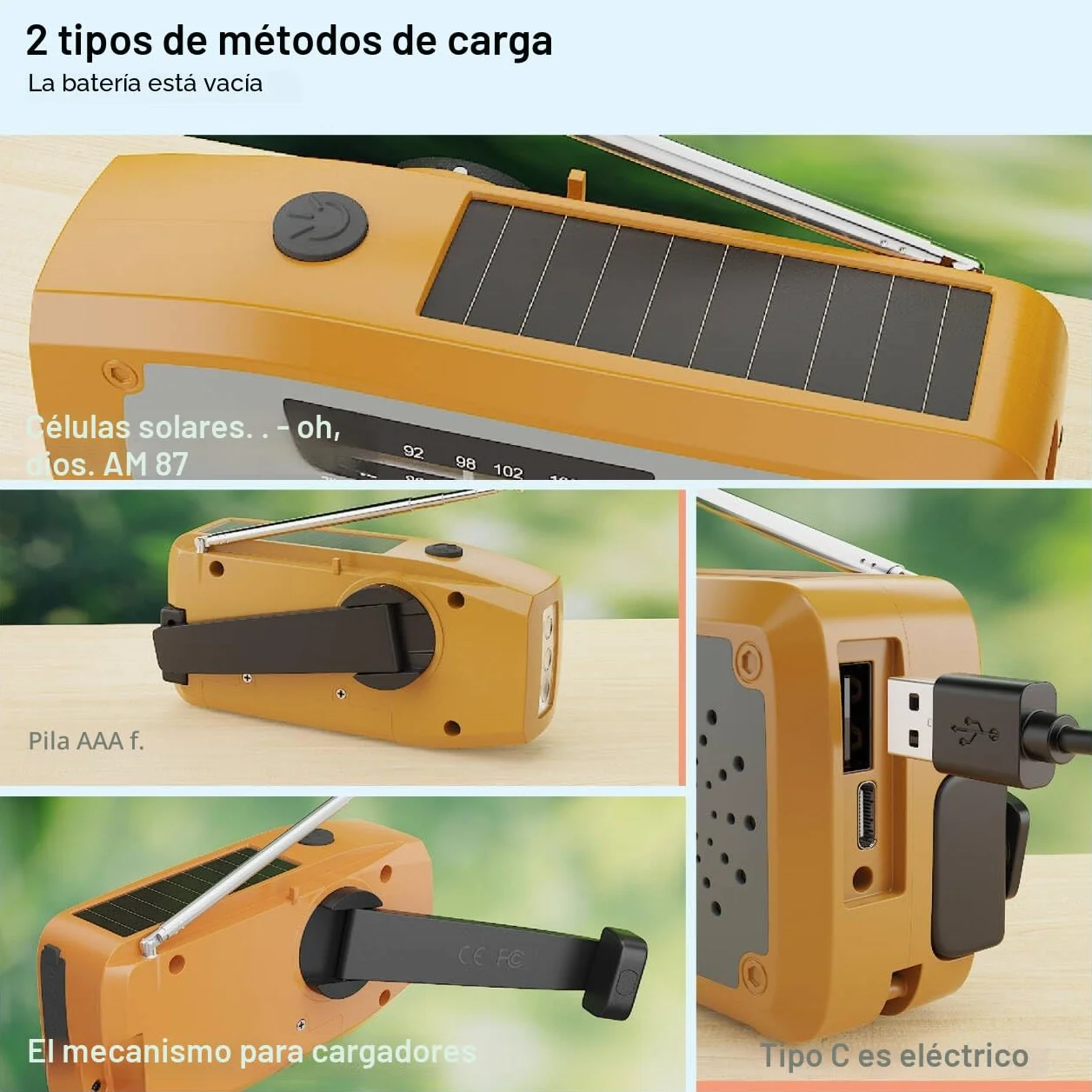 Radio Solar de Emergencia, Radio de Manivela con Linterna LED, Alarma SOS, Am/FM Emergency Radio con Batería de 2000 mAh para Camping y Supervivencia, Naranja