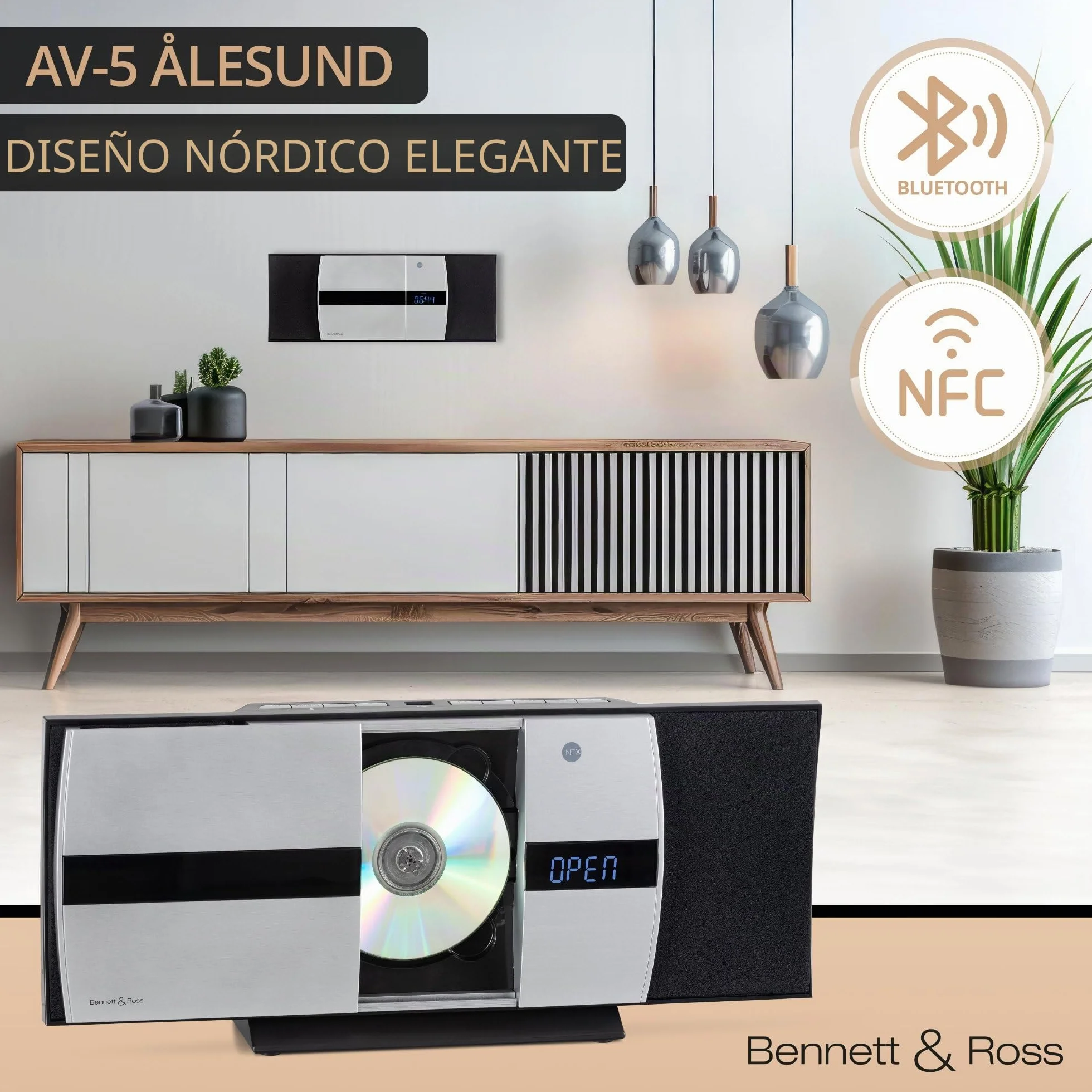 Bennett & Ross Ålesund Sistema estéreo Vertical Microsistema HiFi con Reproductor CD MP3 UKW USB Bluetooth NFC
