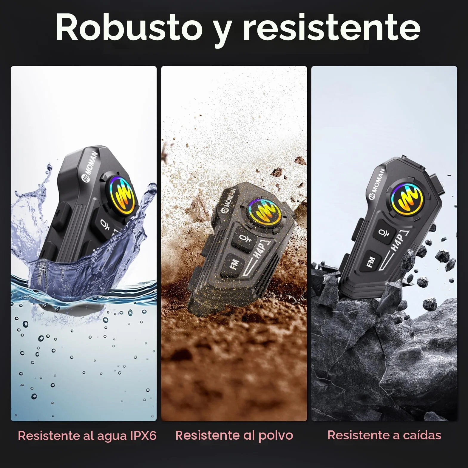 Moman Auriculares Casco Moto - Asistente de Voz, RS-H4P Manos Libres Auriculares Inalámbricos HiFi Estéreo Dual Reducción de Ruido Batería 1000mAh/RGB/Radio FM/Botón Apto para Guantes