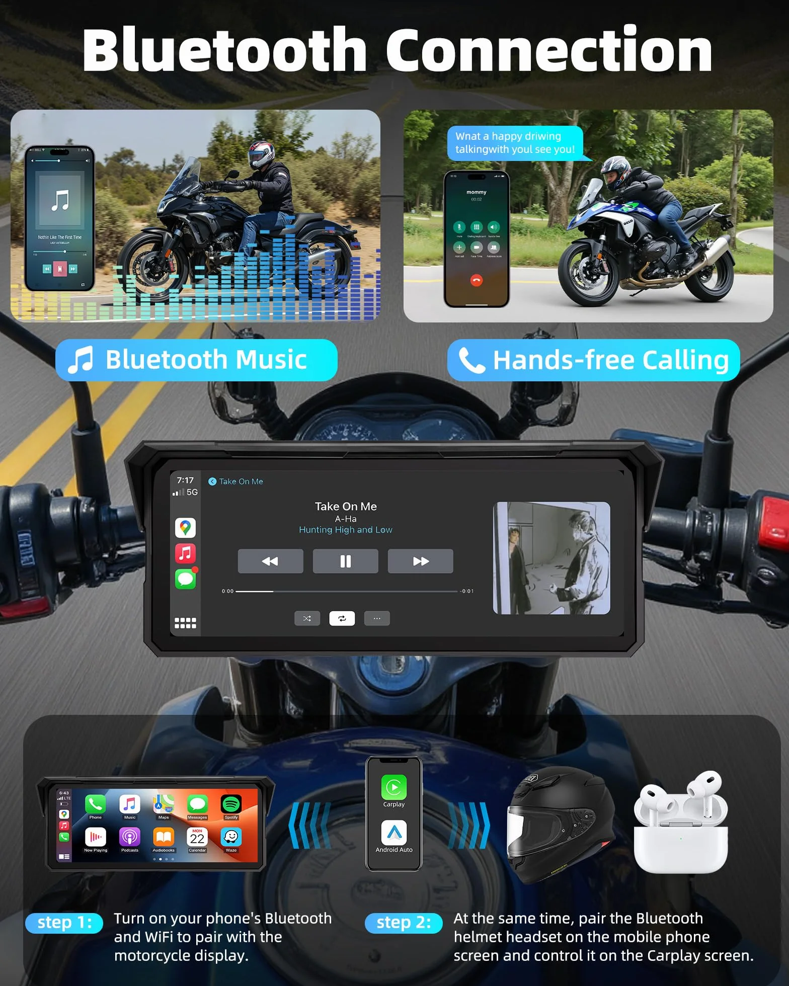 8,1 Pulgadas Pantalla Carplay Moto Android Auto Moto, Pantalla Táctil Resistente al Agua IP67 Navegación GPS para Motocicletas Audio Bluetooth Siri y Asistente de Google