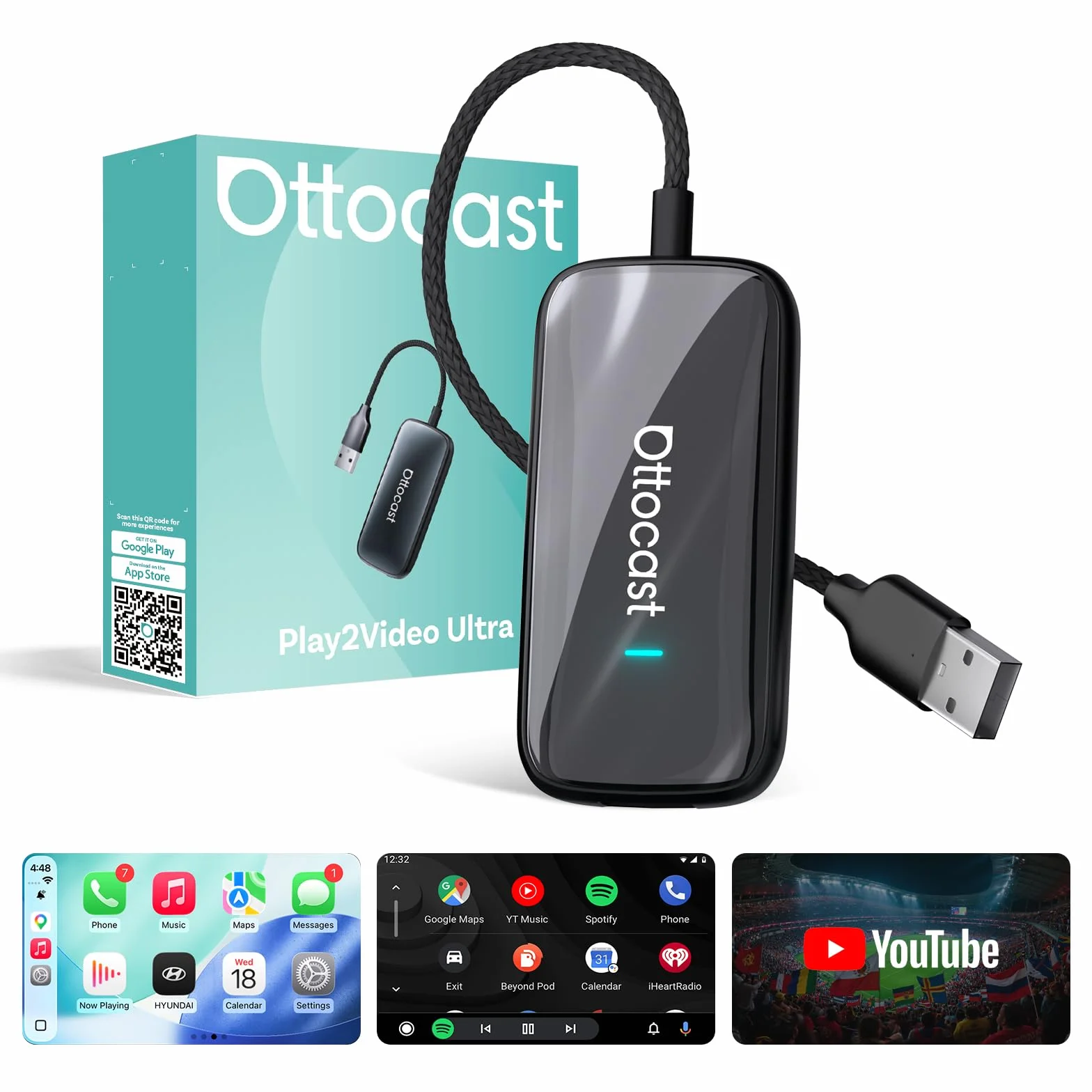 OTTOCAST Play2Video Ultra, 3 en 1 Caja AI para Netflix/Youtube/Prime Video, Adaptador CarPlay inalámbrico y Android Auto con USB, Wi-Fi Dual Band, Bluetooth 5.4, Baja Latencia, 4GB+32GB, Plug & Play