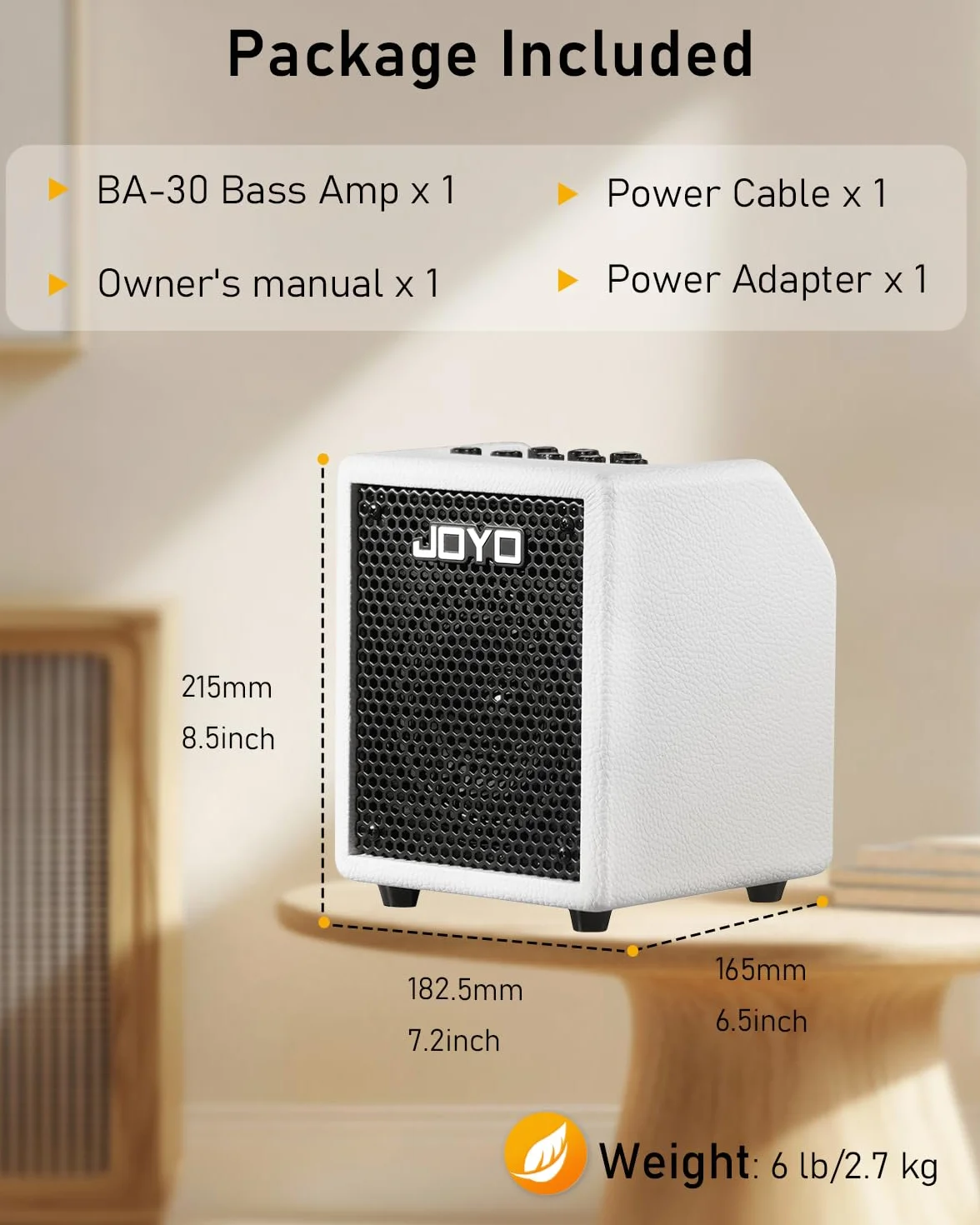 Joyo - Amplificador combinado de bajo 30 W portátil – altavoz de 4 pulgadas, EQ 3 bandas y compresor | Bluetooth 5.1 + grabación OTG, salida de auriculares para práctica solo (Vibe Cube BA-30, blanco)