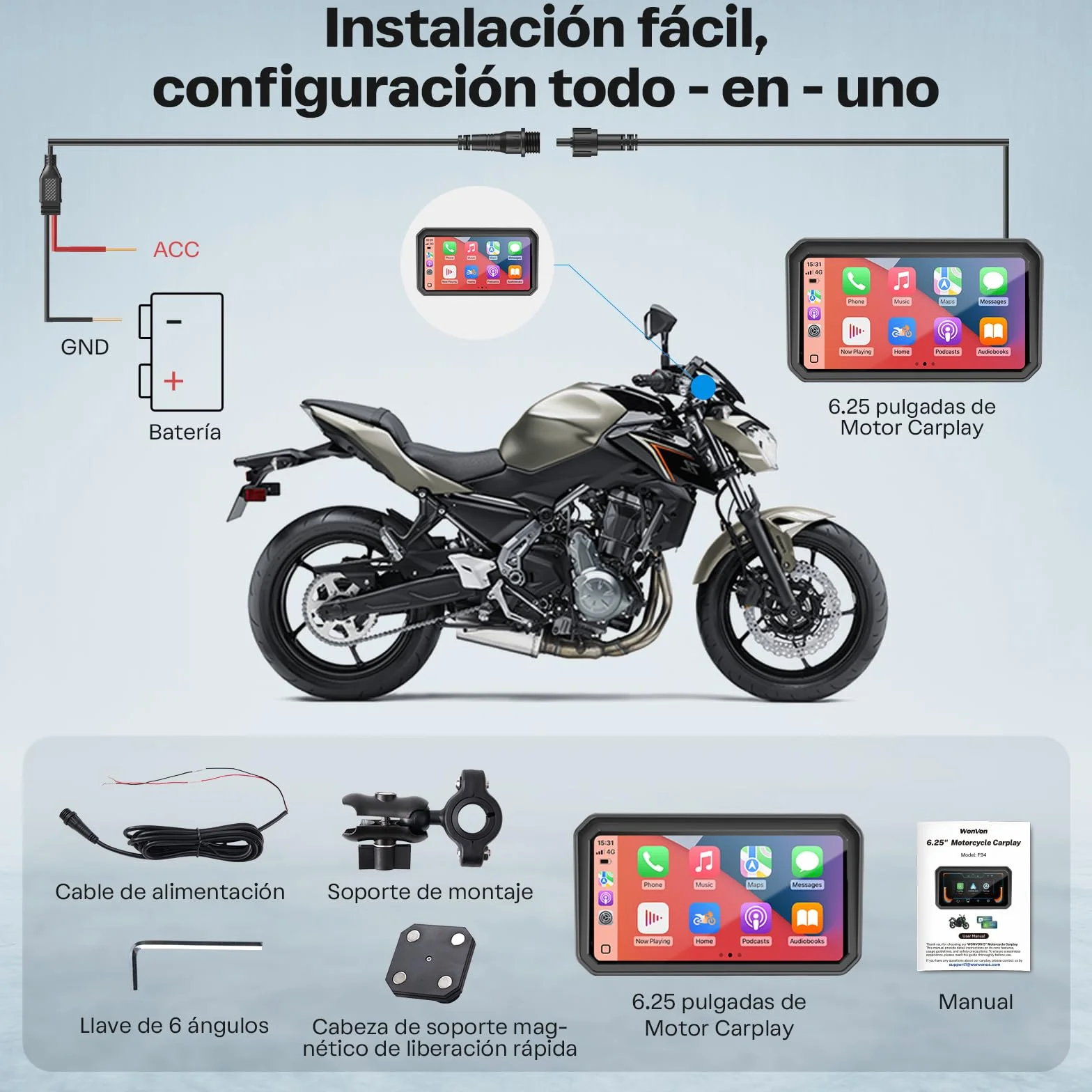 WonVon CarPlay para Motocicleta Sistema de Navegación GPS 6.25 Pulgadas con Apple CarPlay y Android Auto Doble Bluetooth