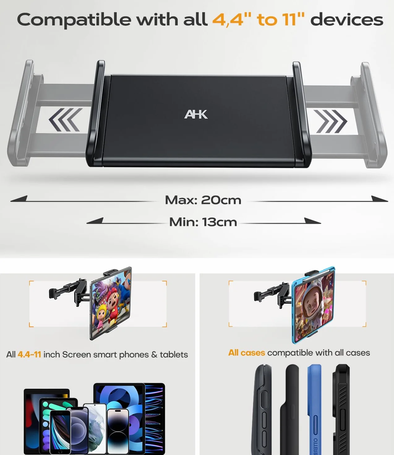 AHK Soporte Tablet Coche, Tablet para Coche Reposacabezas con Apoyo 360 Rotación para 4,4-11 Pulgadas iPad, iPhone, Galaxy Tab, Huawei Mediapad, Switch et d'autres Smartphones