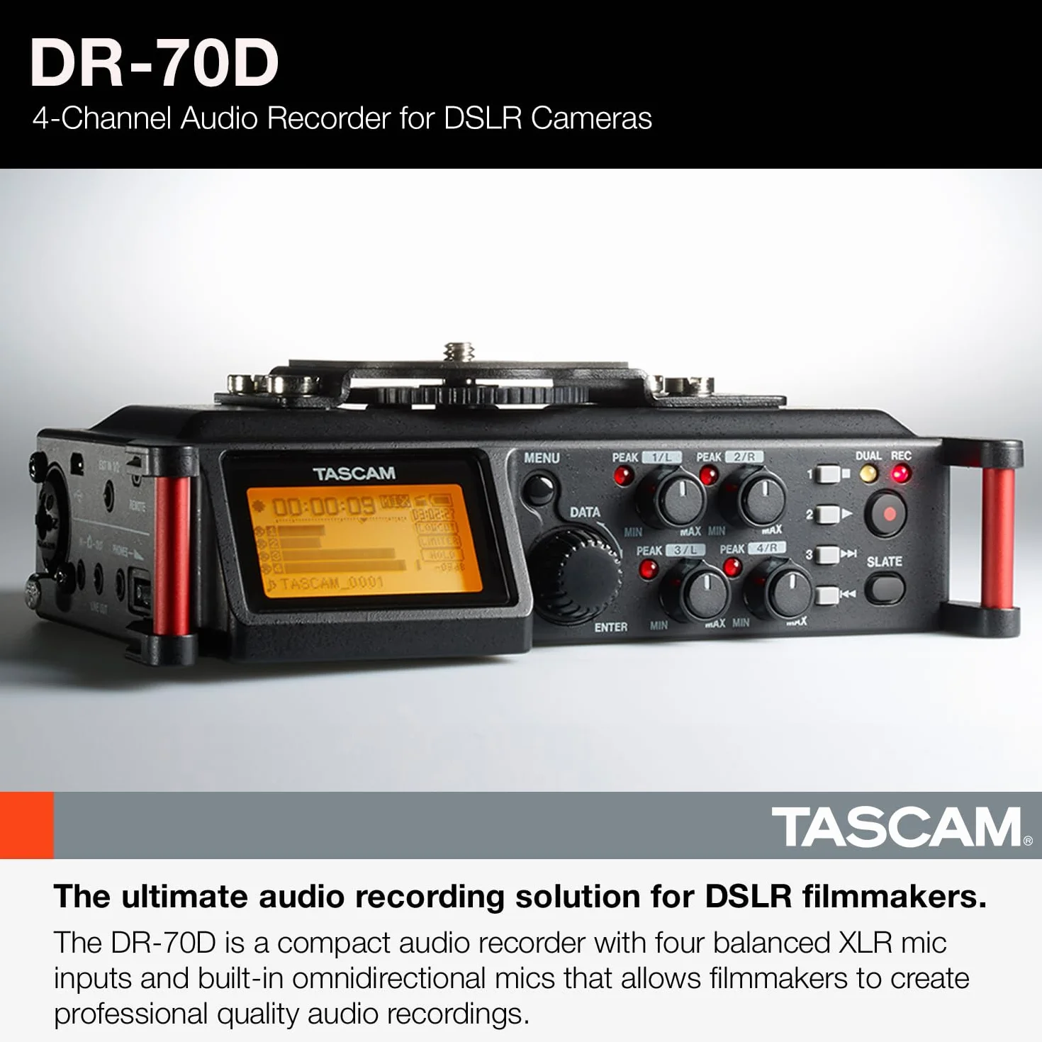 TASCAM Grabadora de audio portátil de 4 canales para videógrafos, 4 entradas combinadas XLR/TRS, 2 micrófonos internos, limitador, filtro HP (DR-70D)