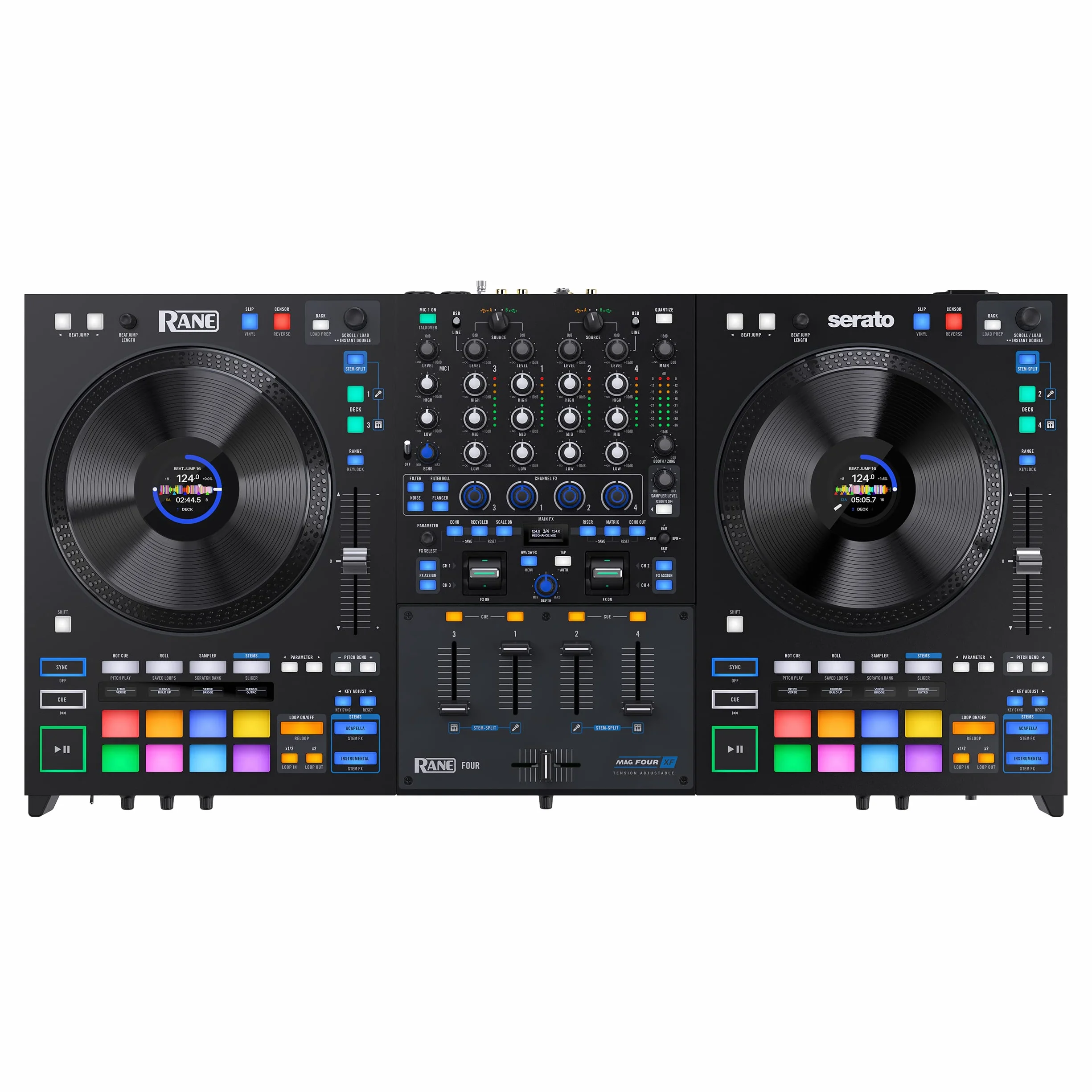 RANE FOUR Controlador DJ Stems Avanzado, 4 Canales, Jog Wheels de 8.5 Pugadas + Displays, Mezclador DJ con FX Internos, Serato DJ Pro + Pitch 'n Time DJ
