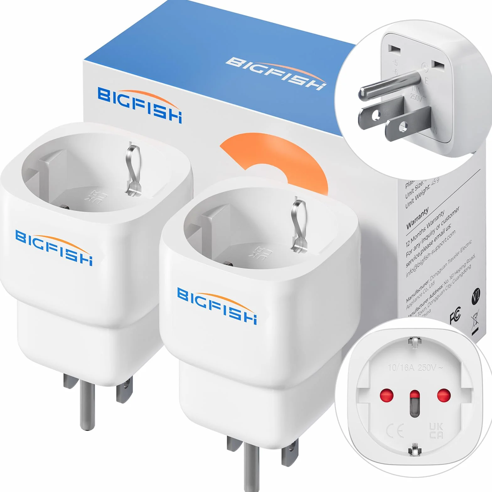 Bigfish Adaptador Enchufe USA Tipo B 2 Piezas, Adaptador Enchufe Americano – De 2-Pin Europa a 3-Pin Estados Unidos, Canadá, México y Tailandia
